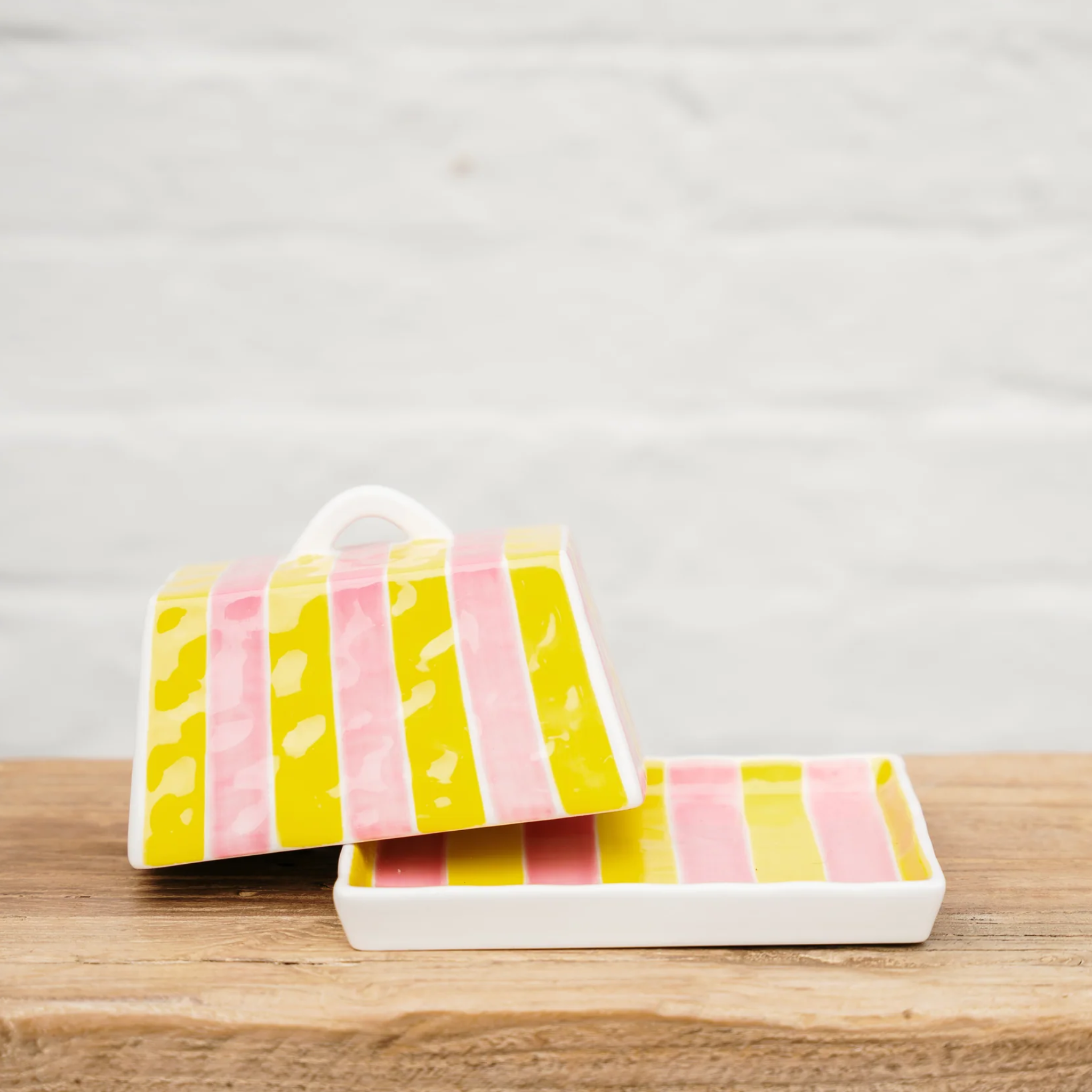 Yellow & Pink Stripe Butter Dish