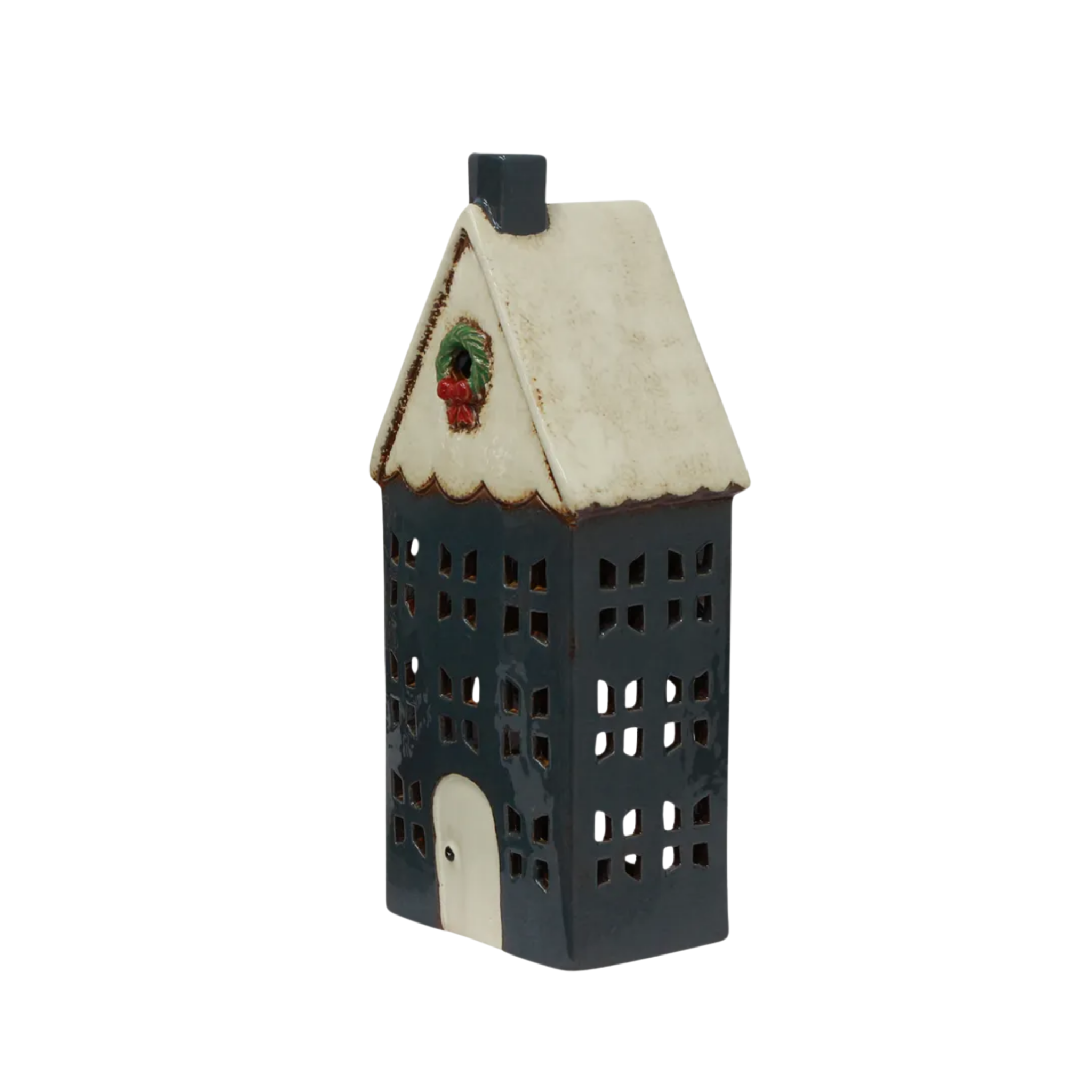 Christmas Tea Light House Blue with Wreath Large