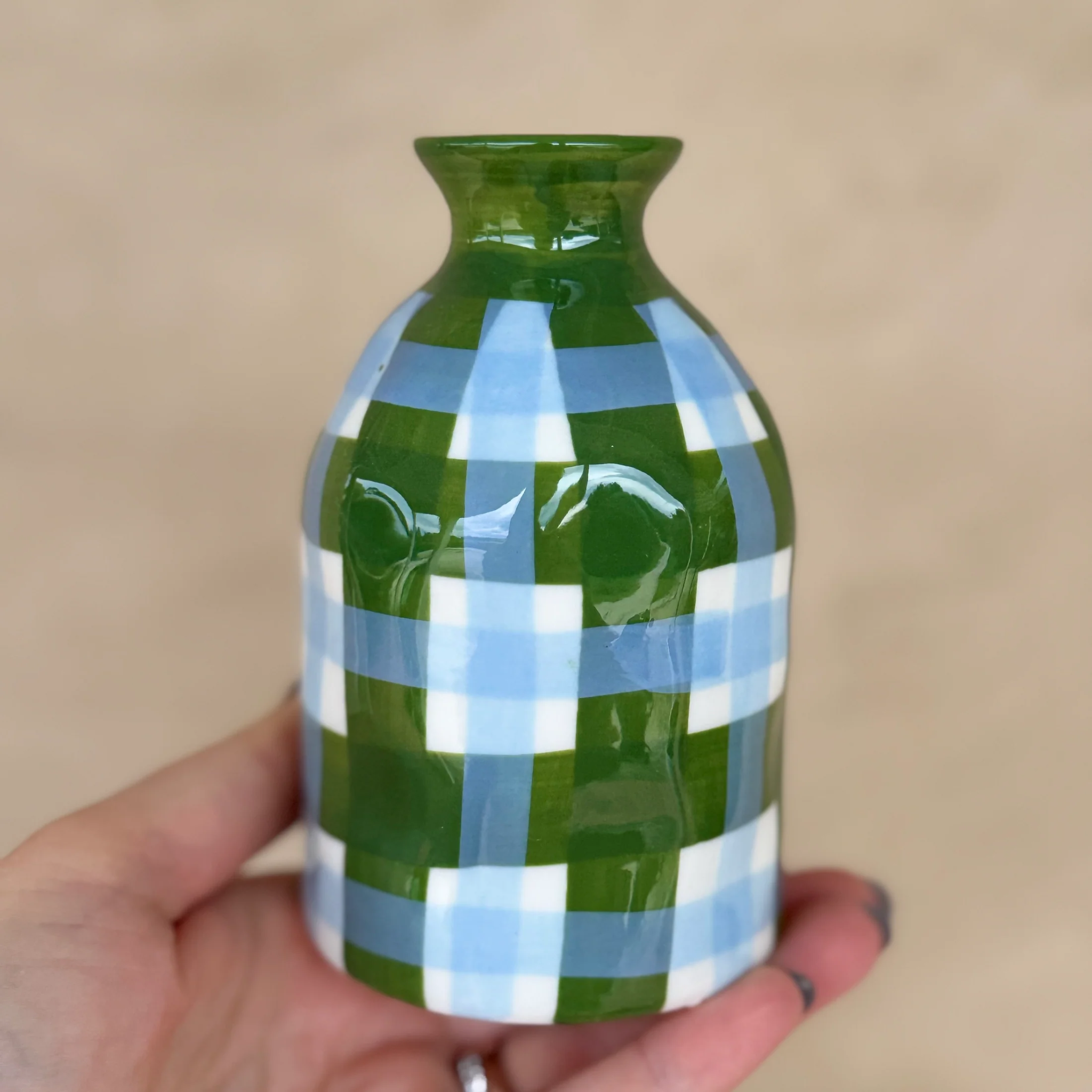 Emerald & Cornflower Gingham Bud Vase