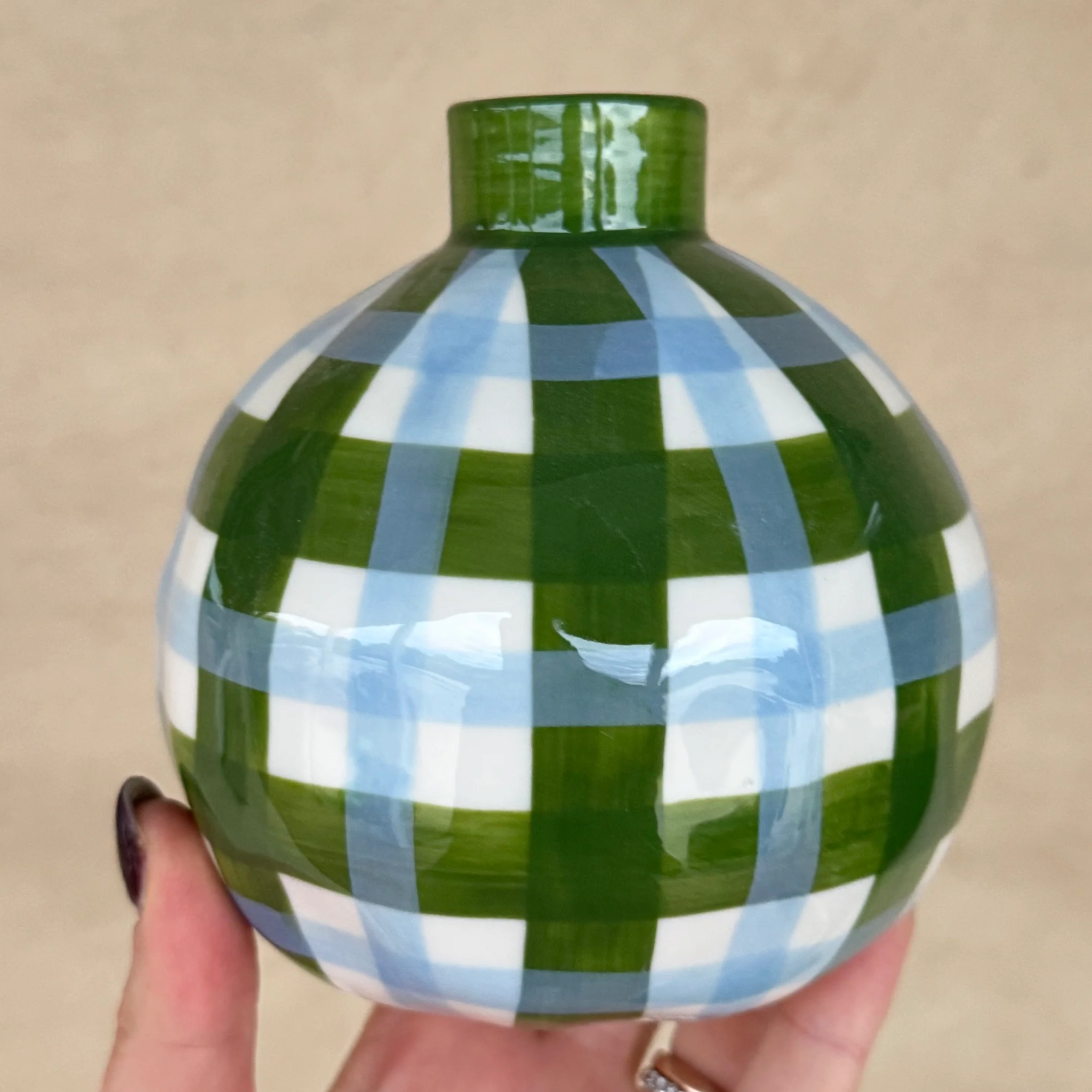 Emerald & Cornflower Gingham Round Bud Vase