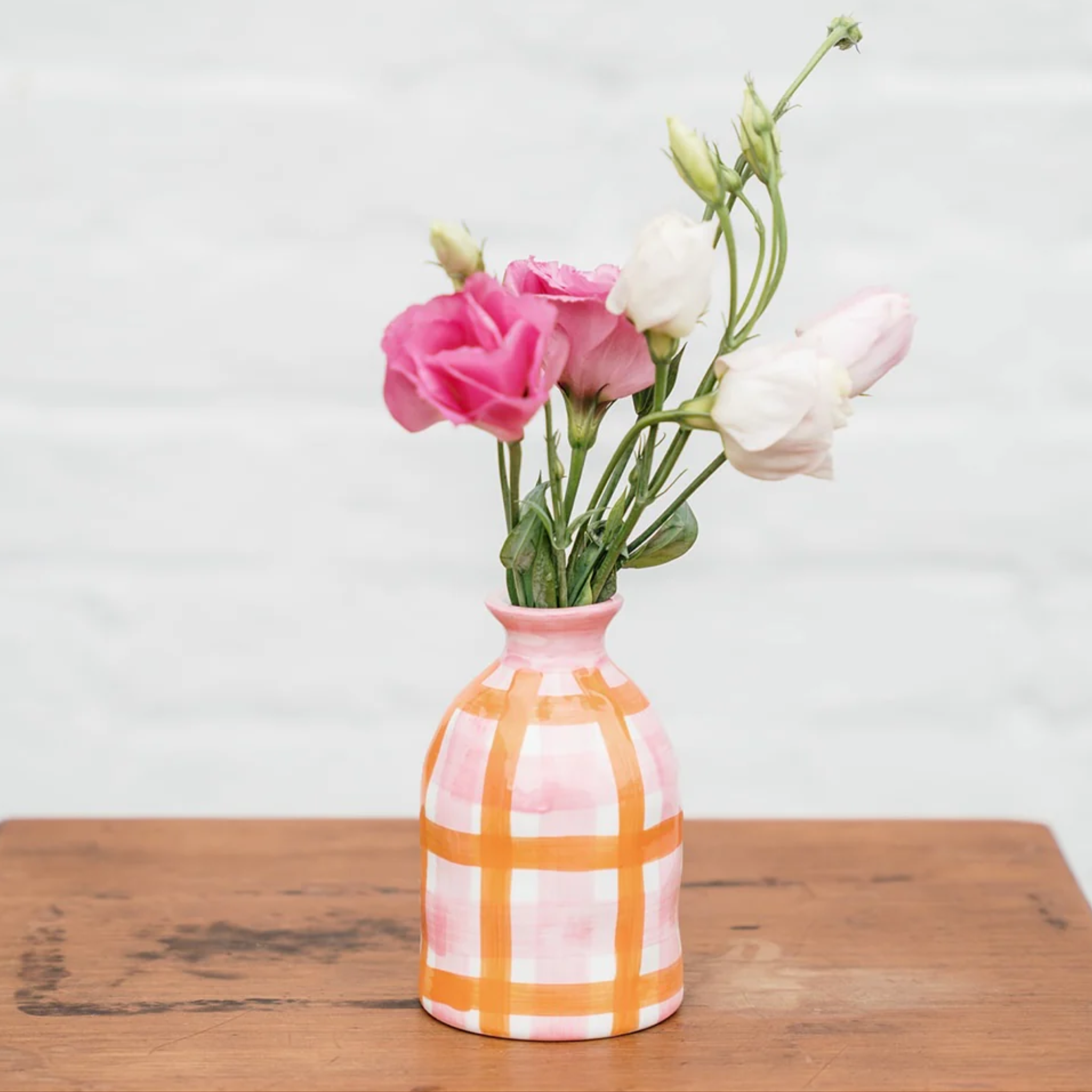 Pink & Orange Gingham Bud Vase