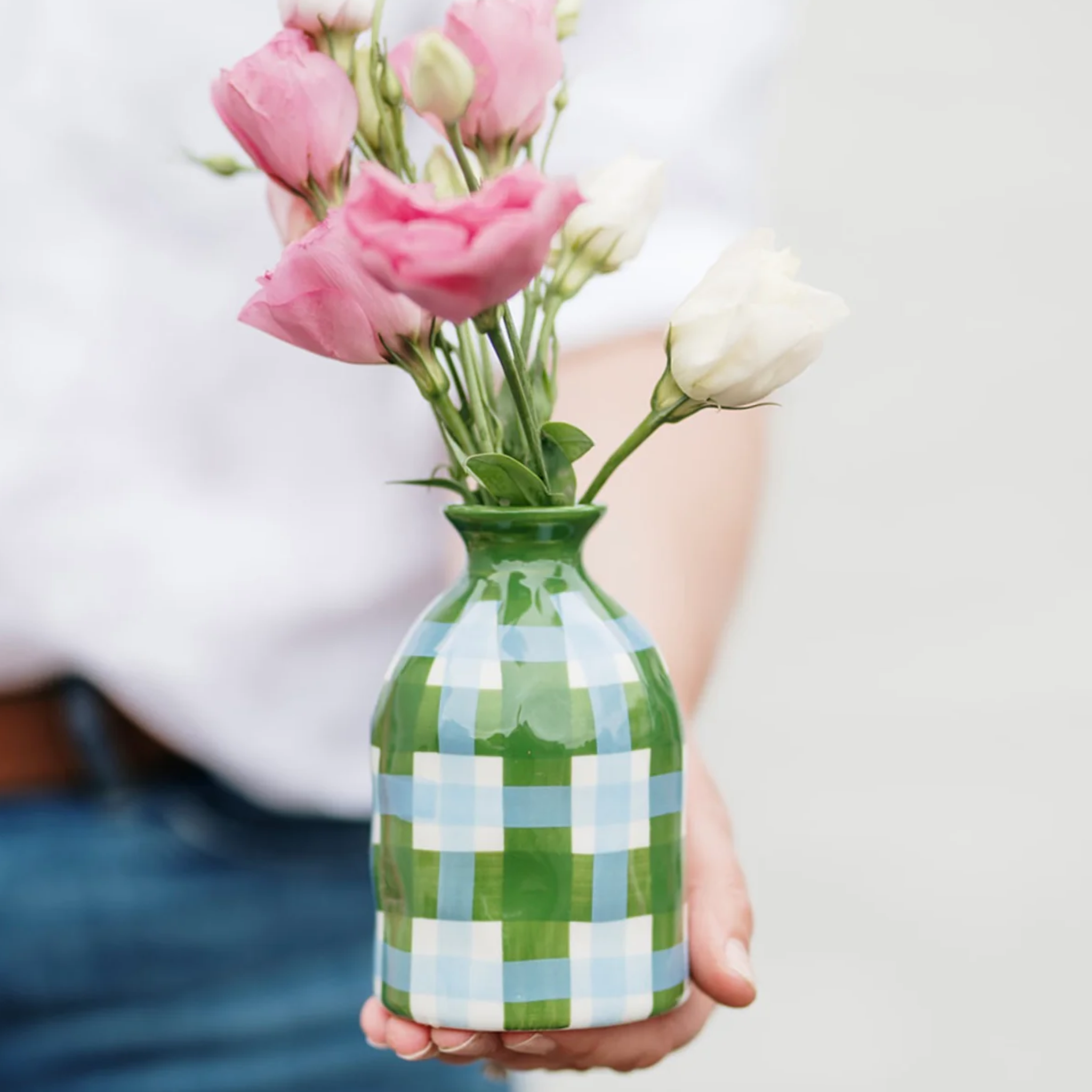 Emerald & Cornflower Gingham Bud Vase