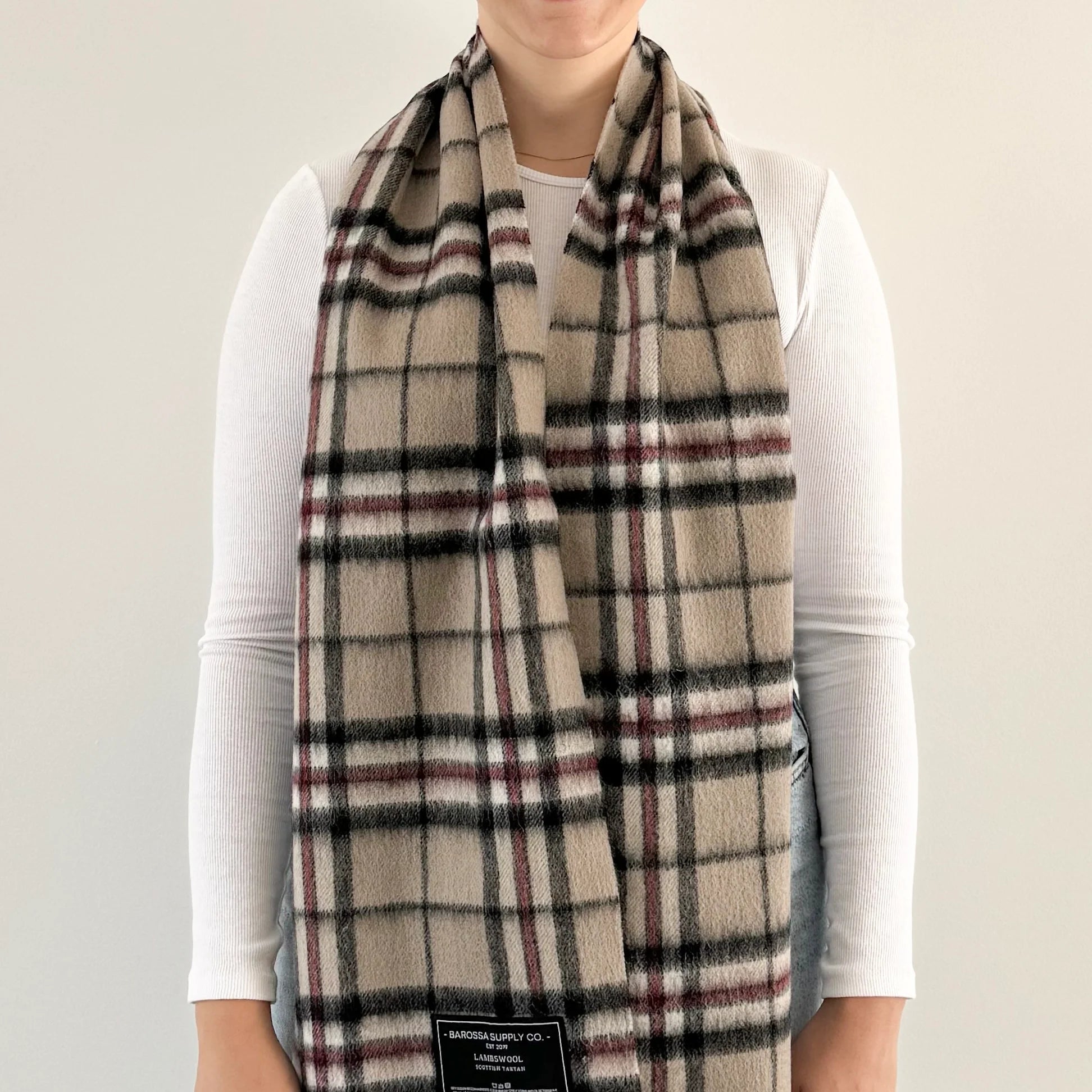 Thompson Light Beige Scottish Tartan Lambswool Scarf