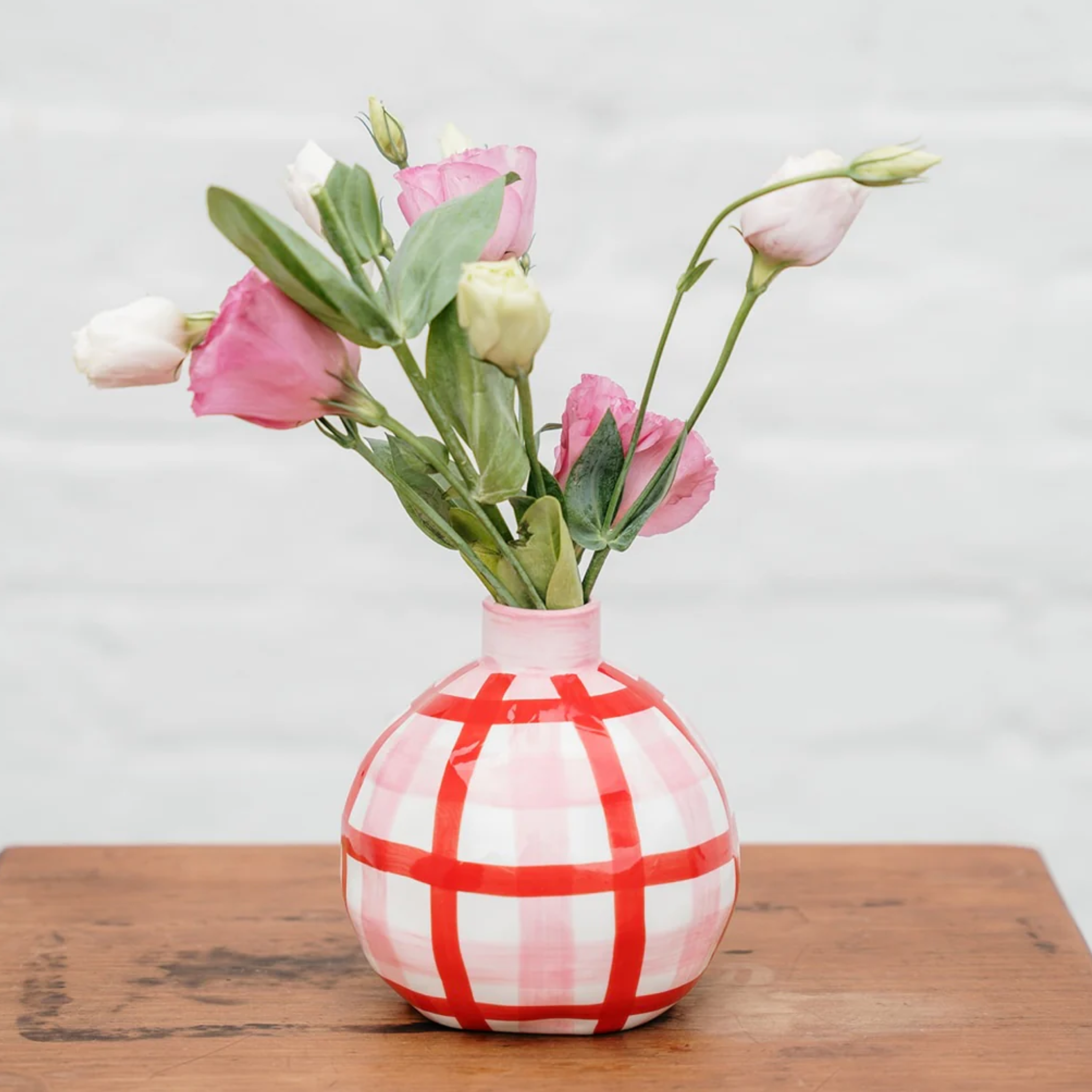 Pink & Red Gingham Round Bud Vase