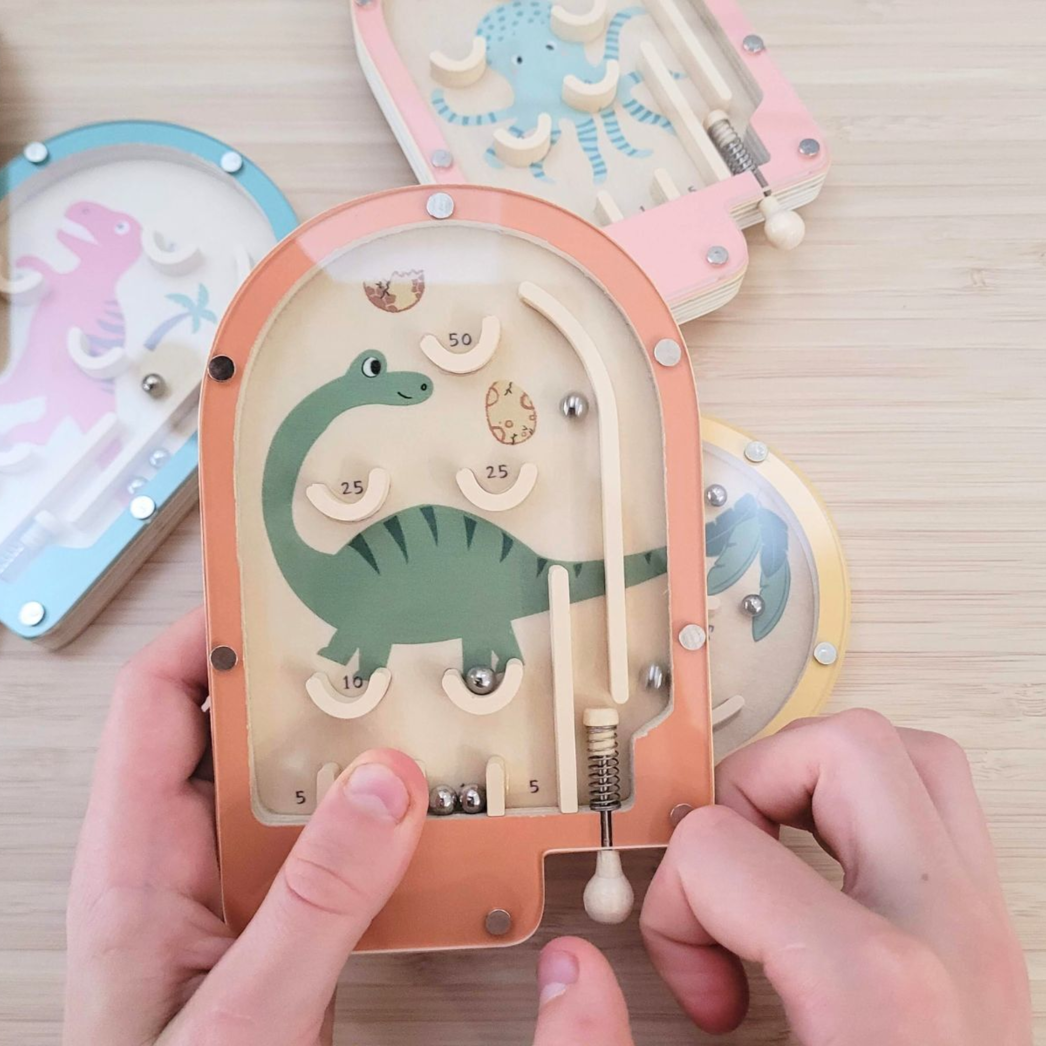Mini Wooden Pinball Game Green Dinosaur