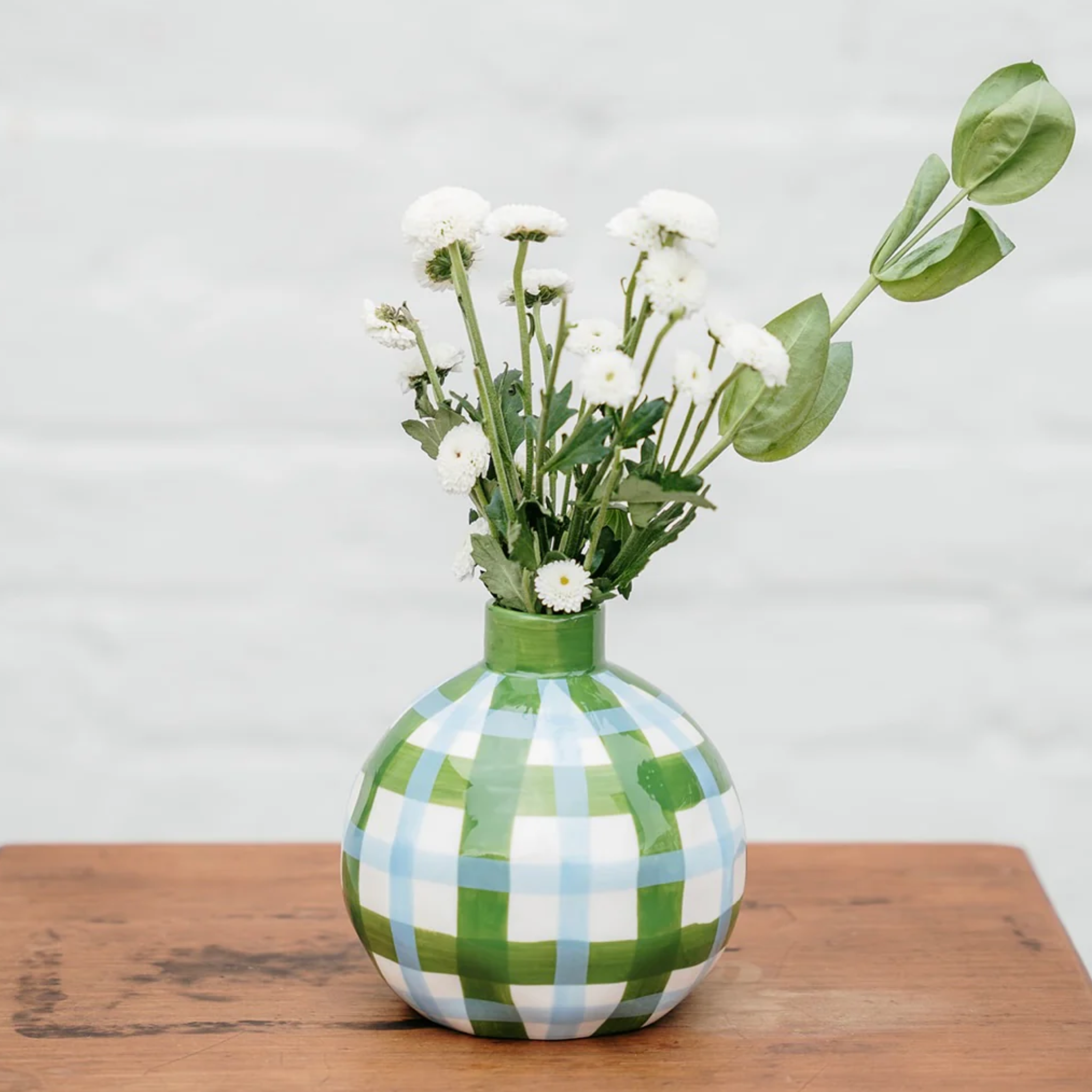 Emerald & Cornflower Gingham Round Bud Vase