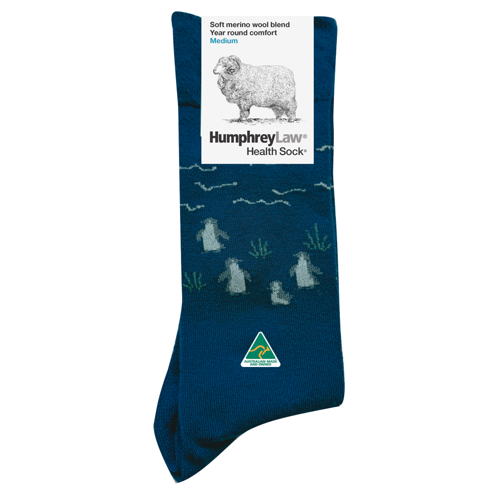 Fine Merino Wool Patterned Health Sock Junior Navy Penguin