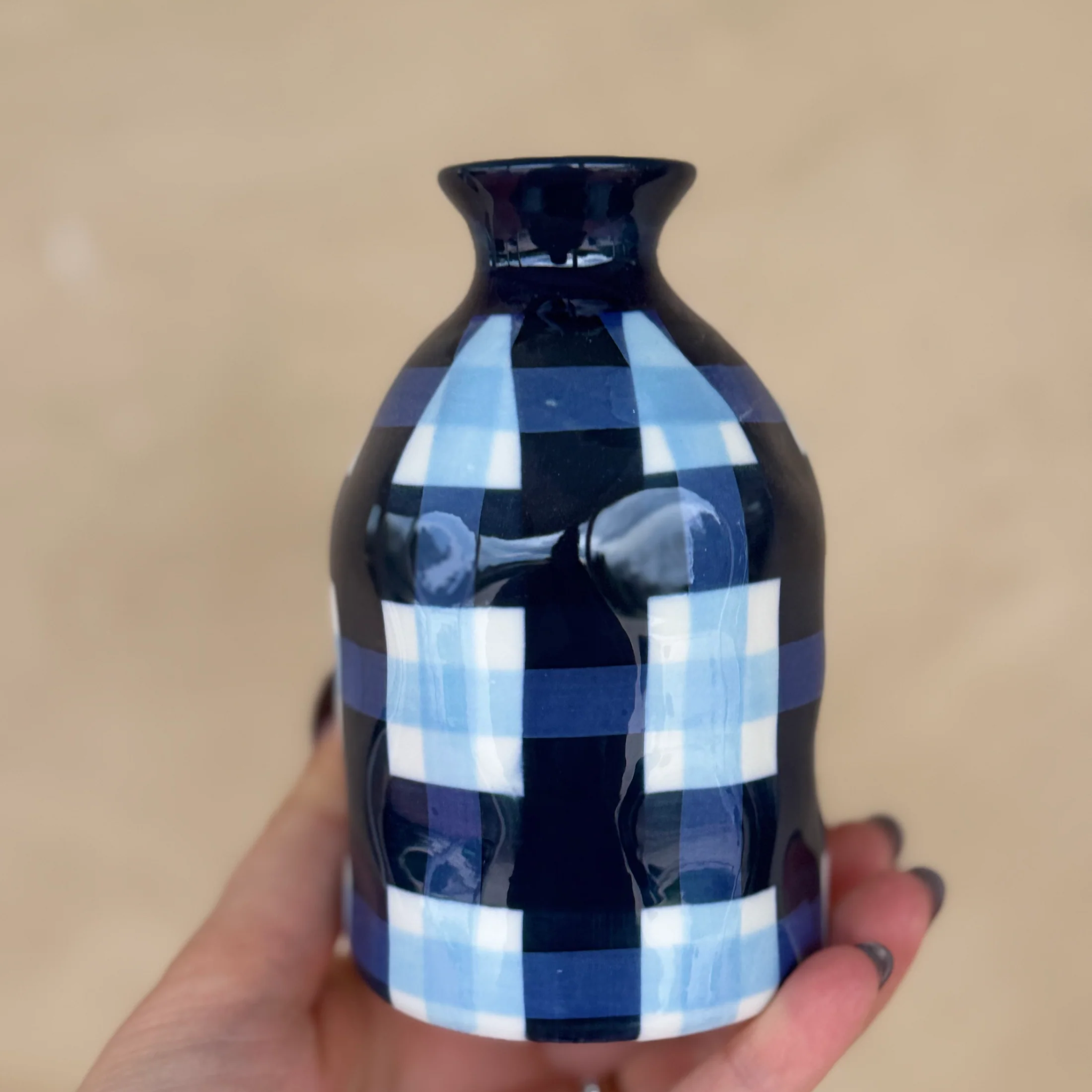 Navy & Cornflower Gingham Bud Vase