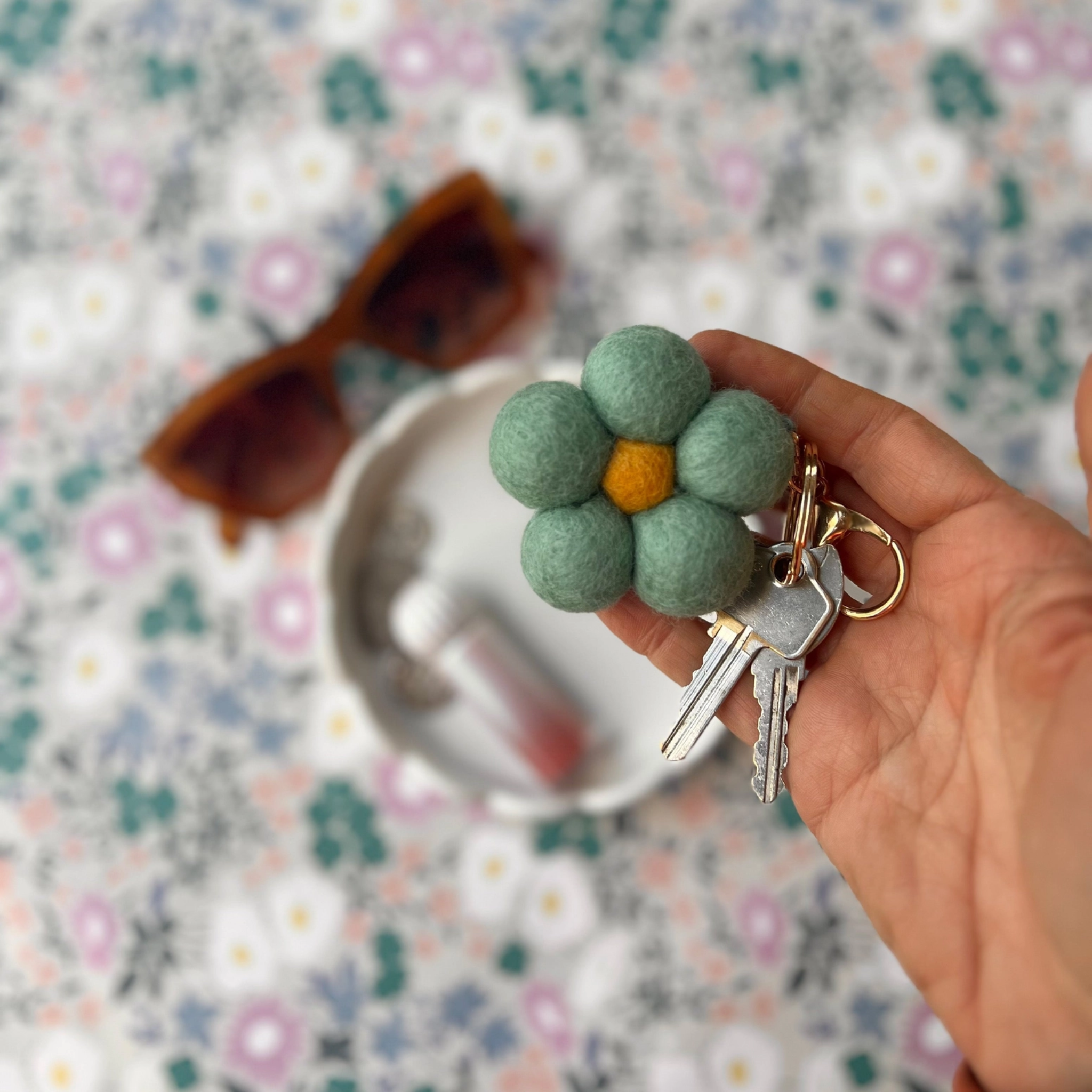 Felt Flower Keychain Charm Turquoise