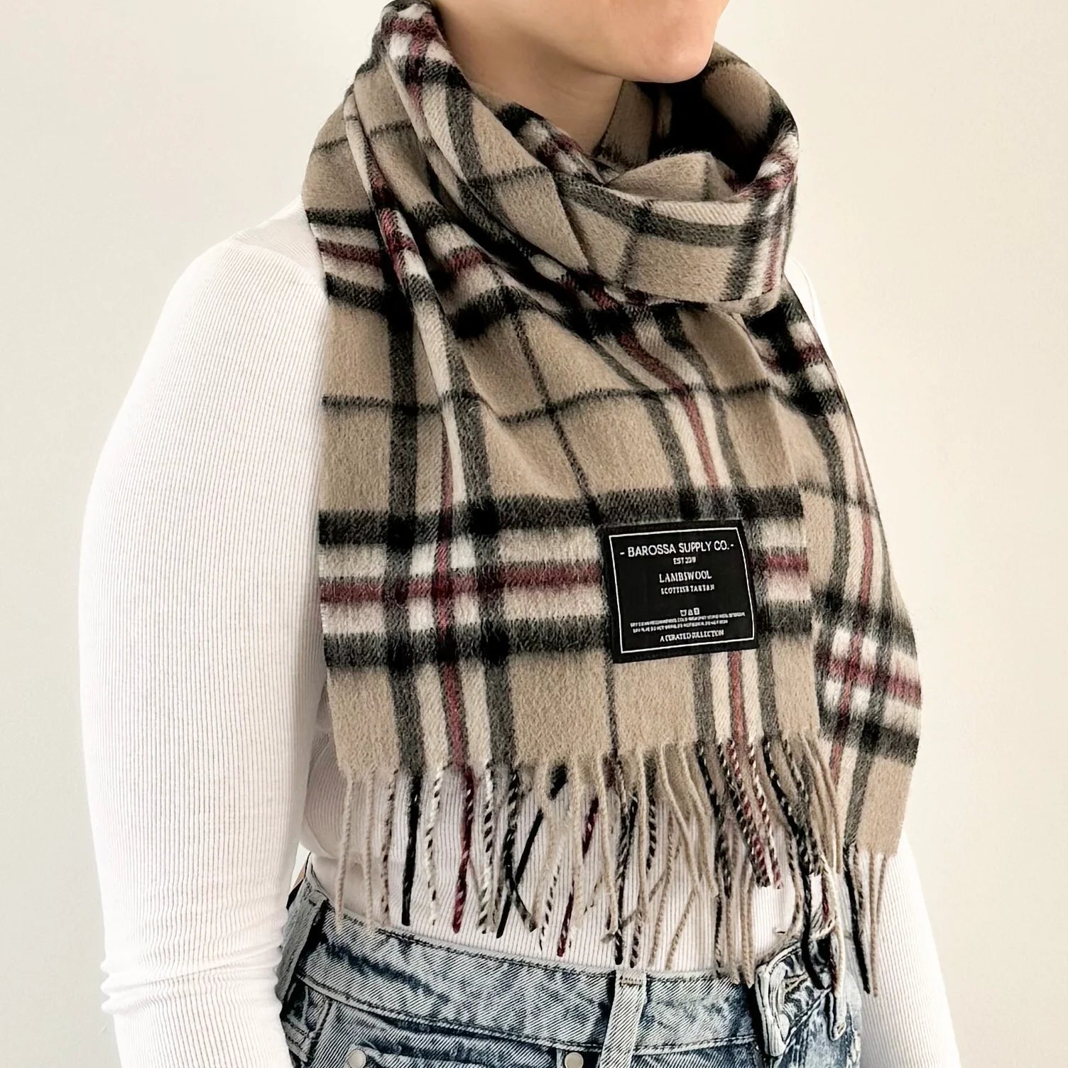 Thompson Light Beige Scottish Tartan Lambswool Scarf