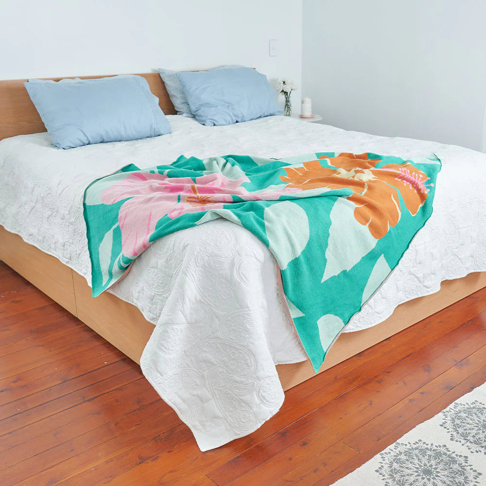 Cotton Knit Throw Hibiscus