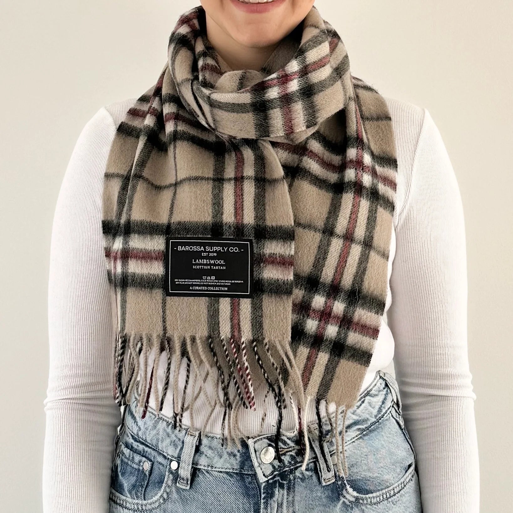 Thompson Light Beige Scottish Tartan Lambswool Scarf