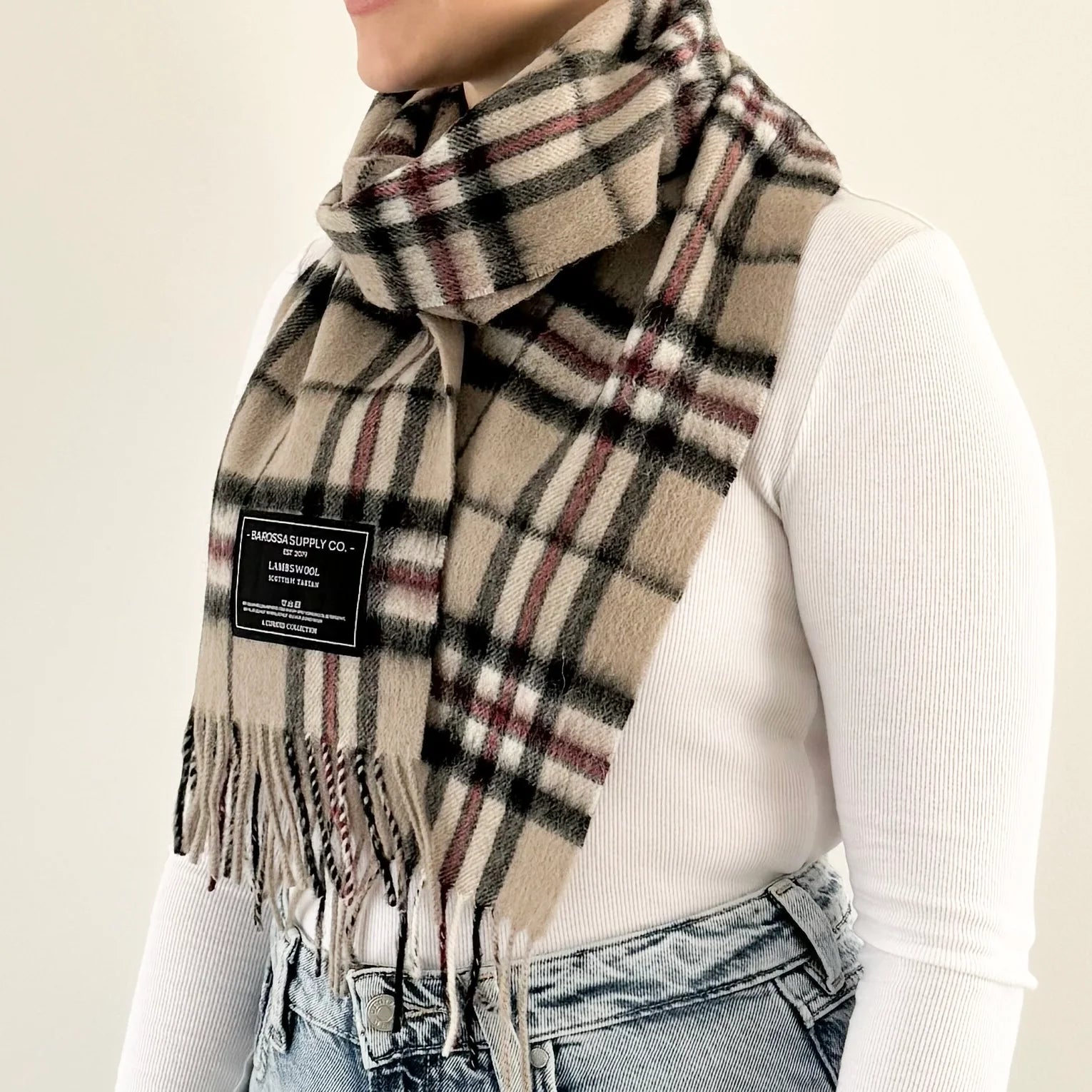 Thompson Light Beige Scottish Tartan Lambswool Scarf