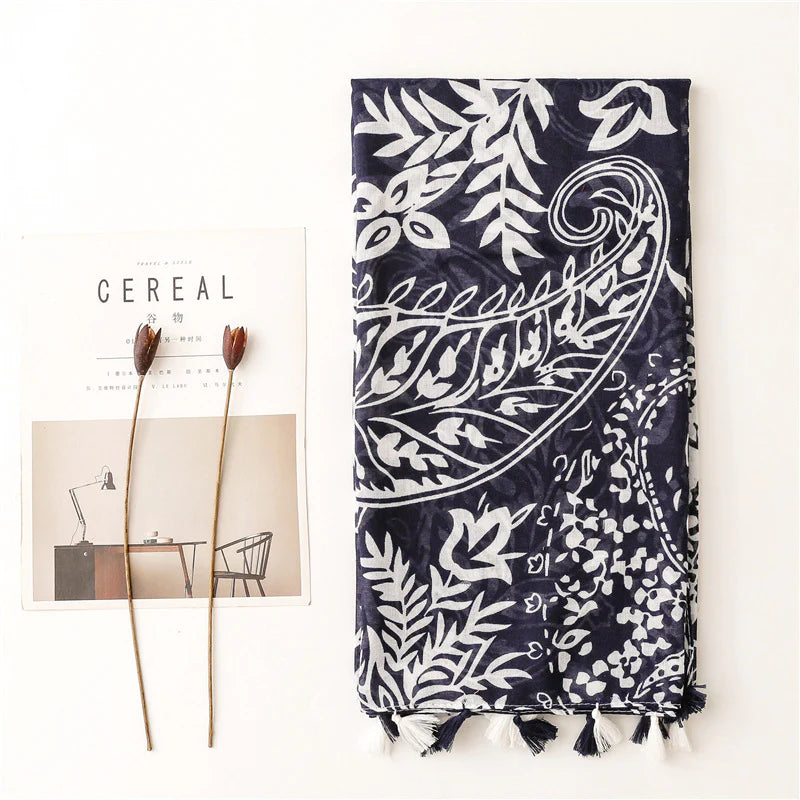 Navy & White Pattern Tassel Scarf
