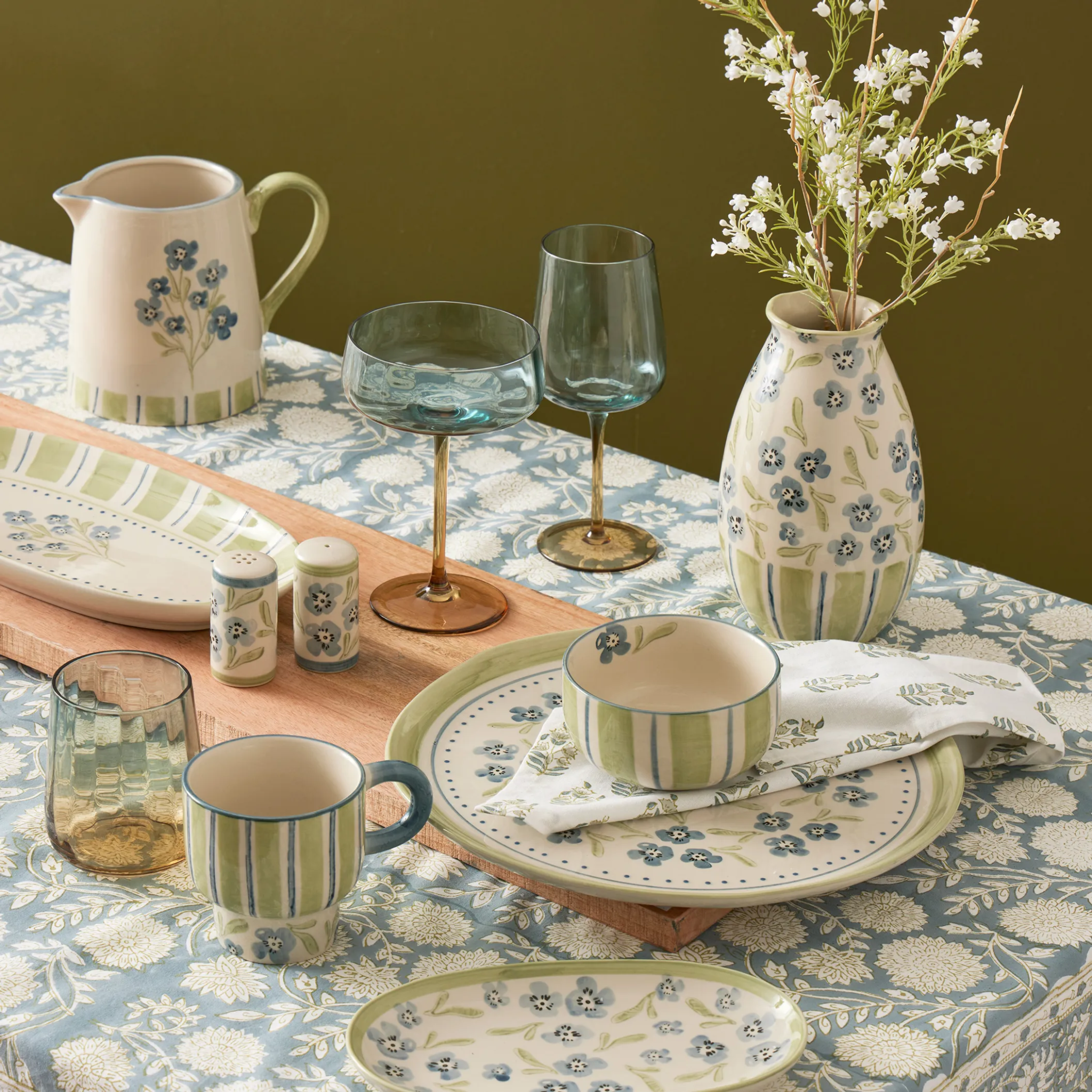 Olga Ceramic Bowl Blue & Olive Floral