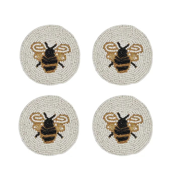 Bee Beaded Coaster Set White & Gold
