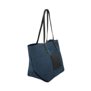 Leather-Trimmed Natural Tote Bag Navy