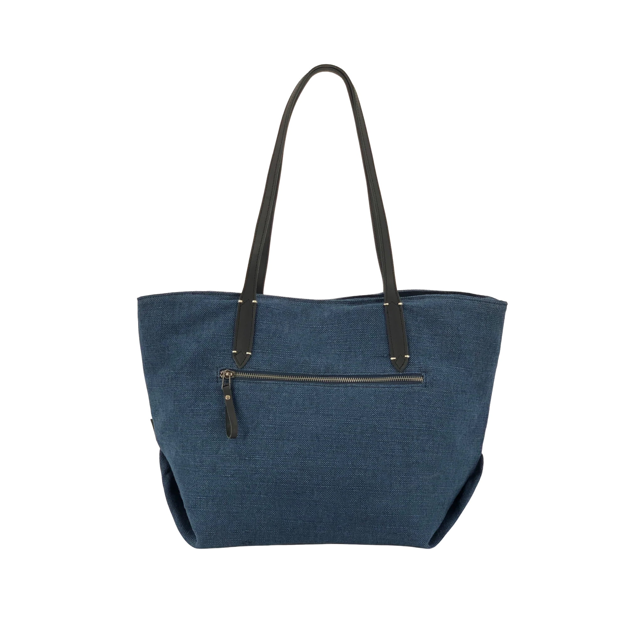Leather-Trimmed Natural Tote Bag Navy