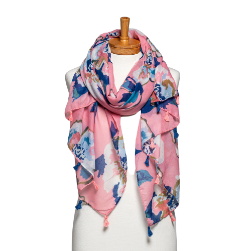 Pink Flower Tassel Scarf