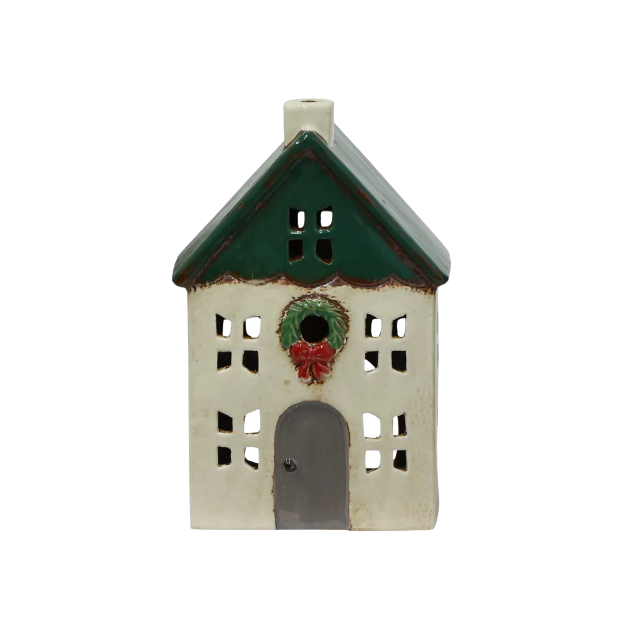 Christmas Tea Light House Green with Wreath Small