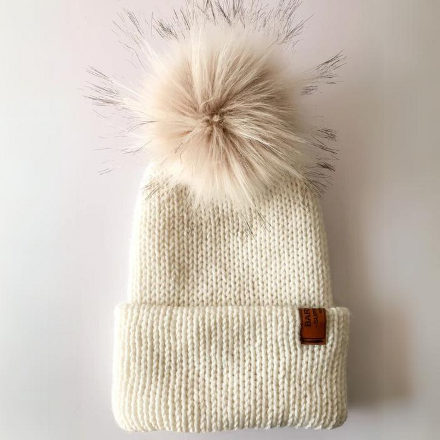 Wool Blend Double Knit Beanie Cream with Ivory Pom Pom