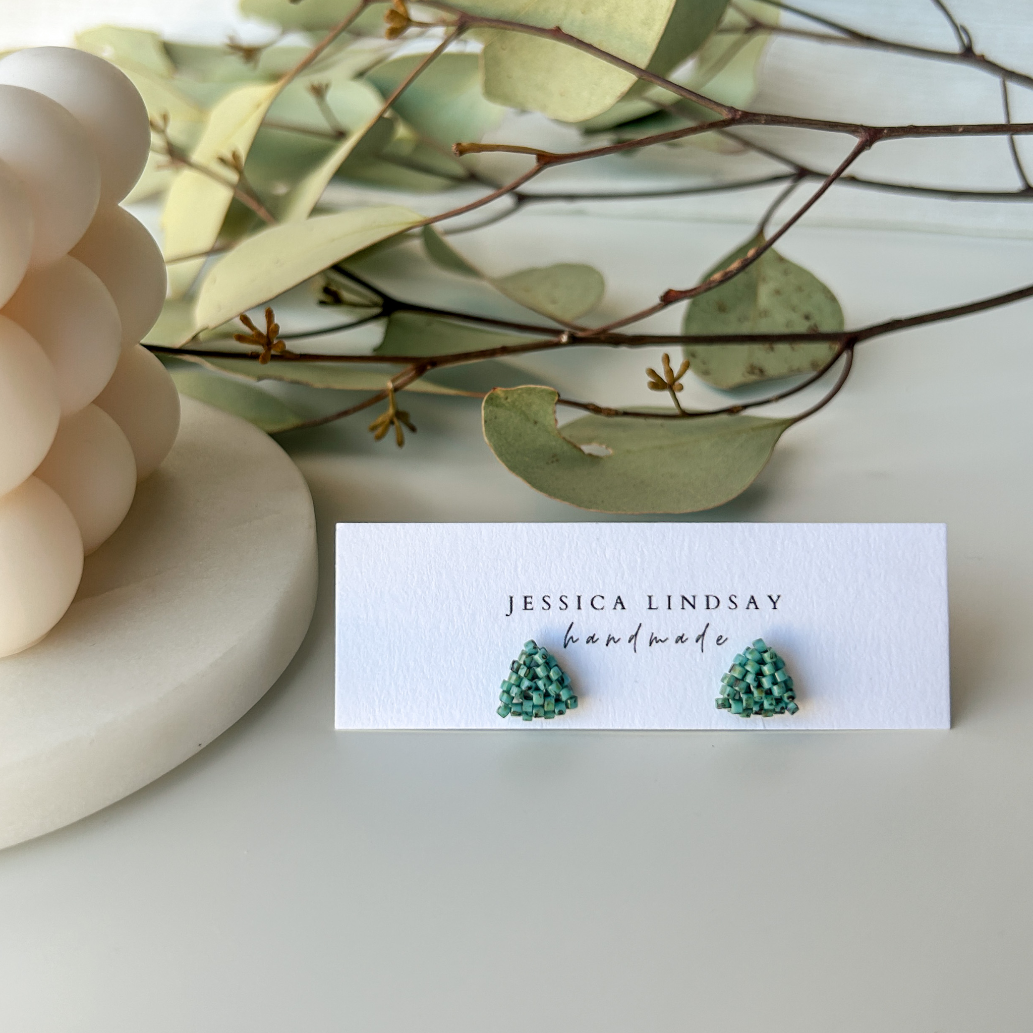 Beaded Triangle Stud Earrings Small Picasso Green