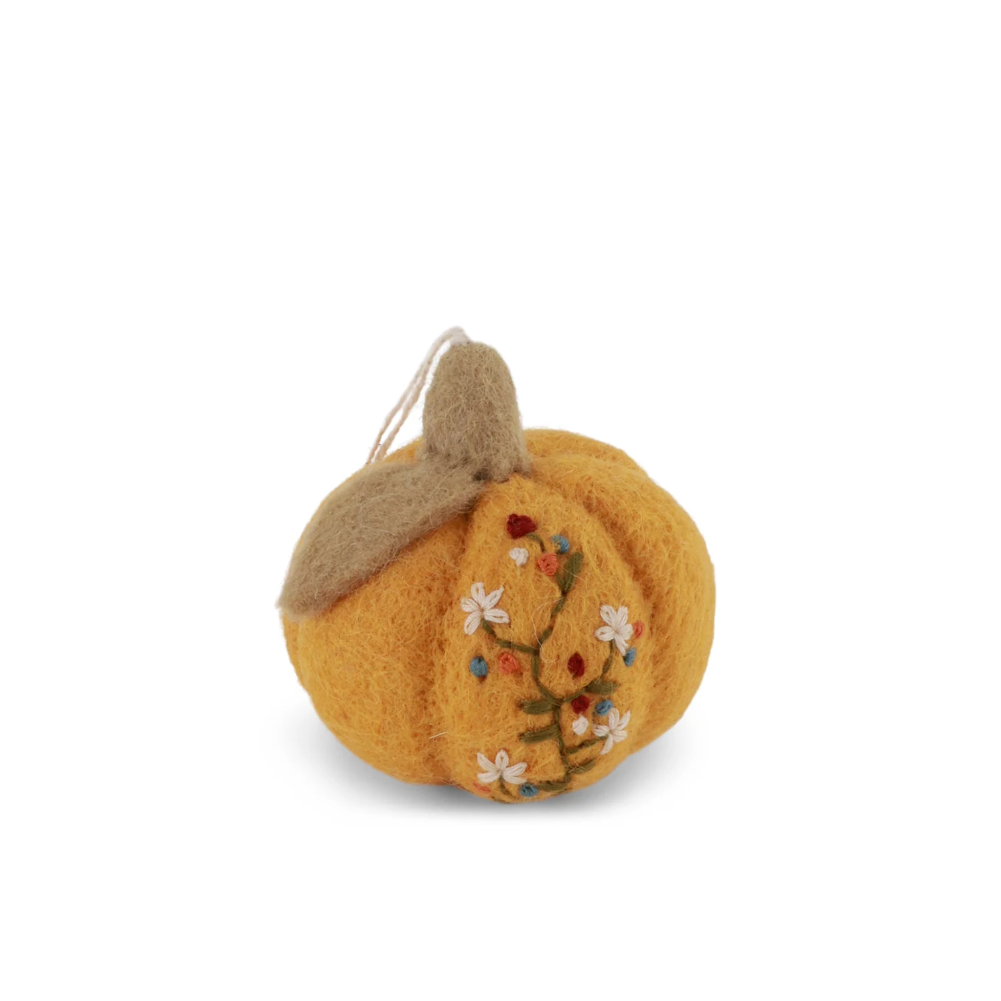 Felted Pumpkin with Embroidery Hanging Decoration Yellow