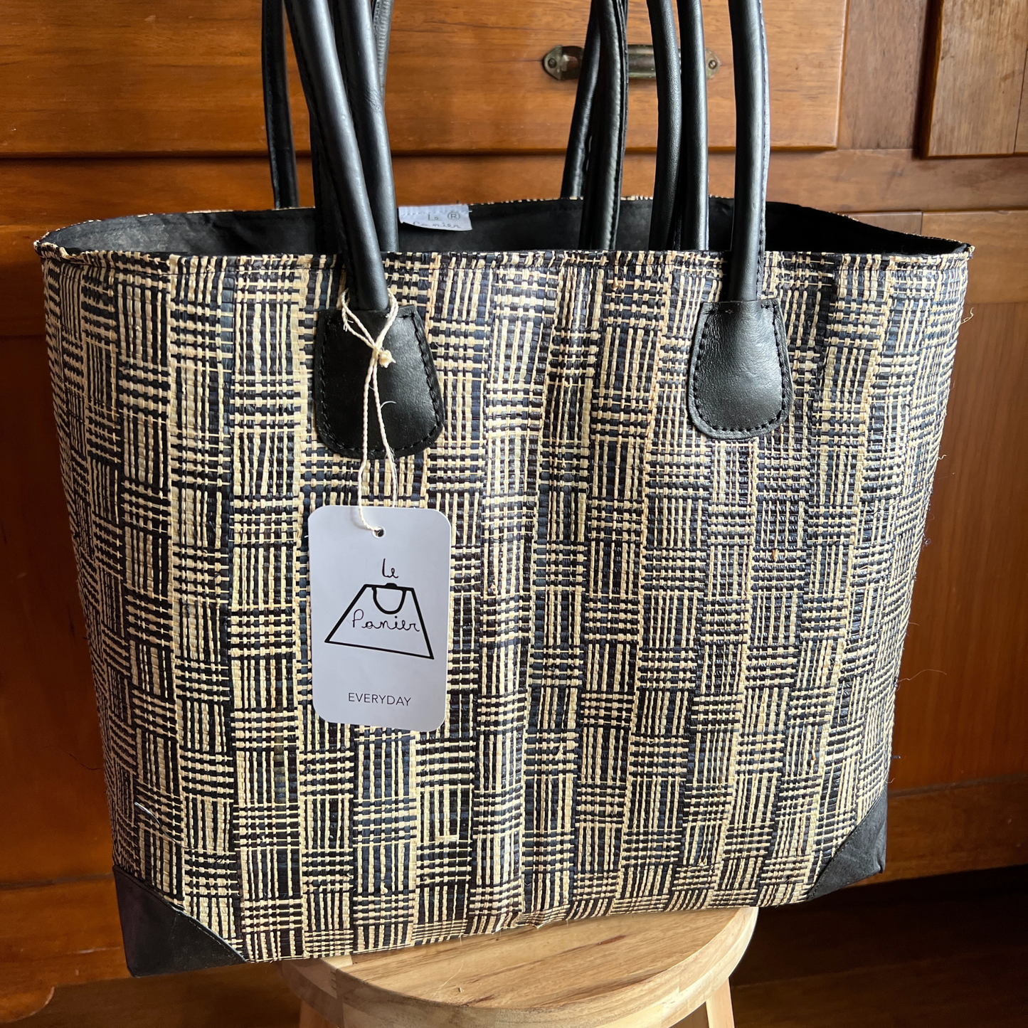 Medium Simili Stripe Tote Bag Black & Natural