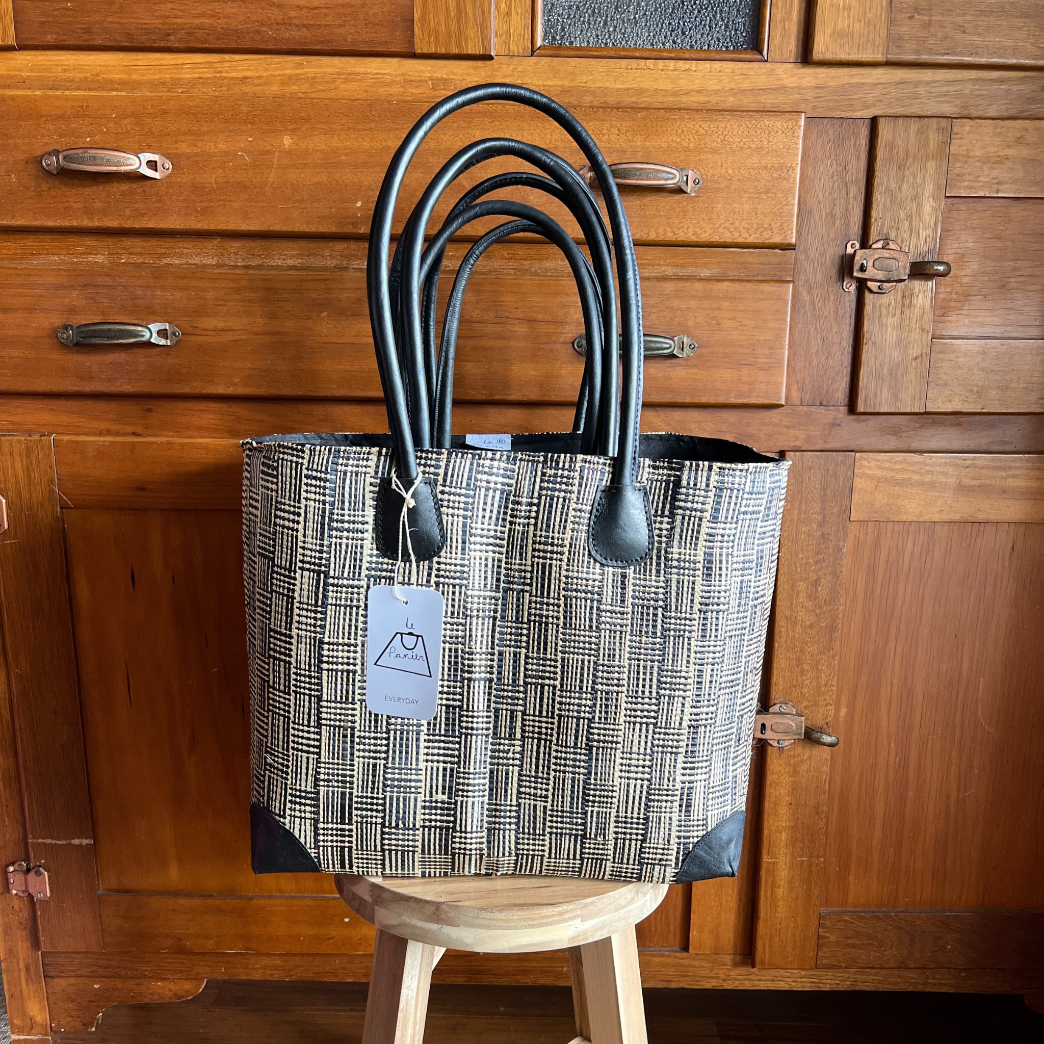 Medium Simili Stripe Tote Bag Black & Natural