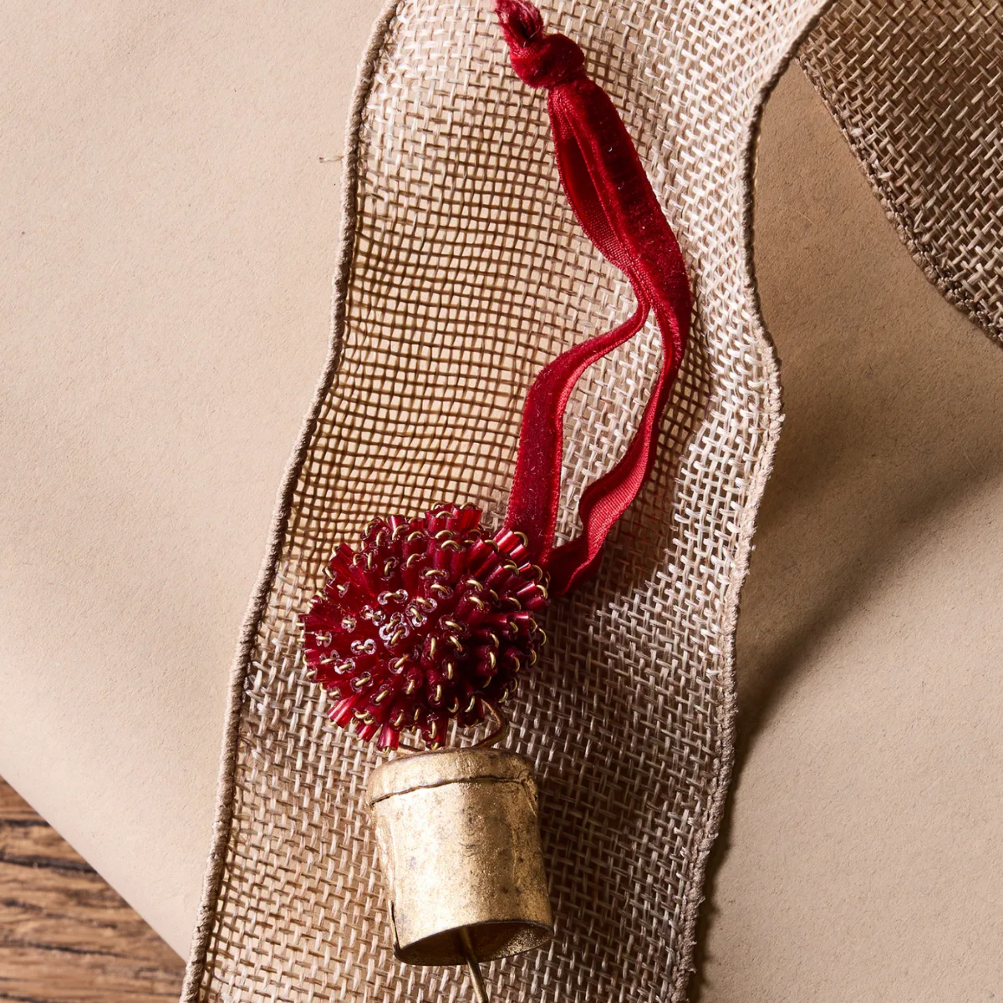 Beaded Pompom Bell Decoration Red