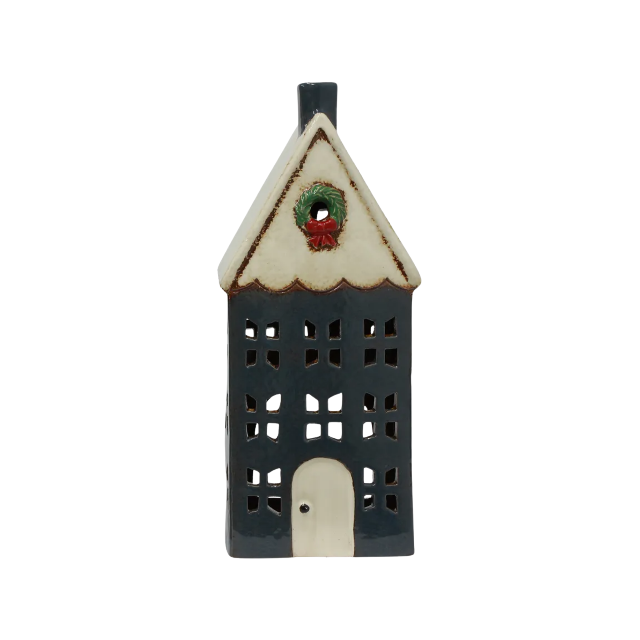 Christmas Tea Light House Blue with Wreath Large