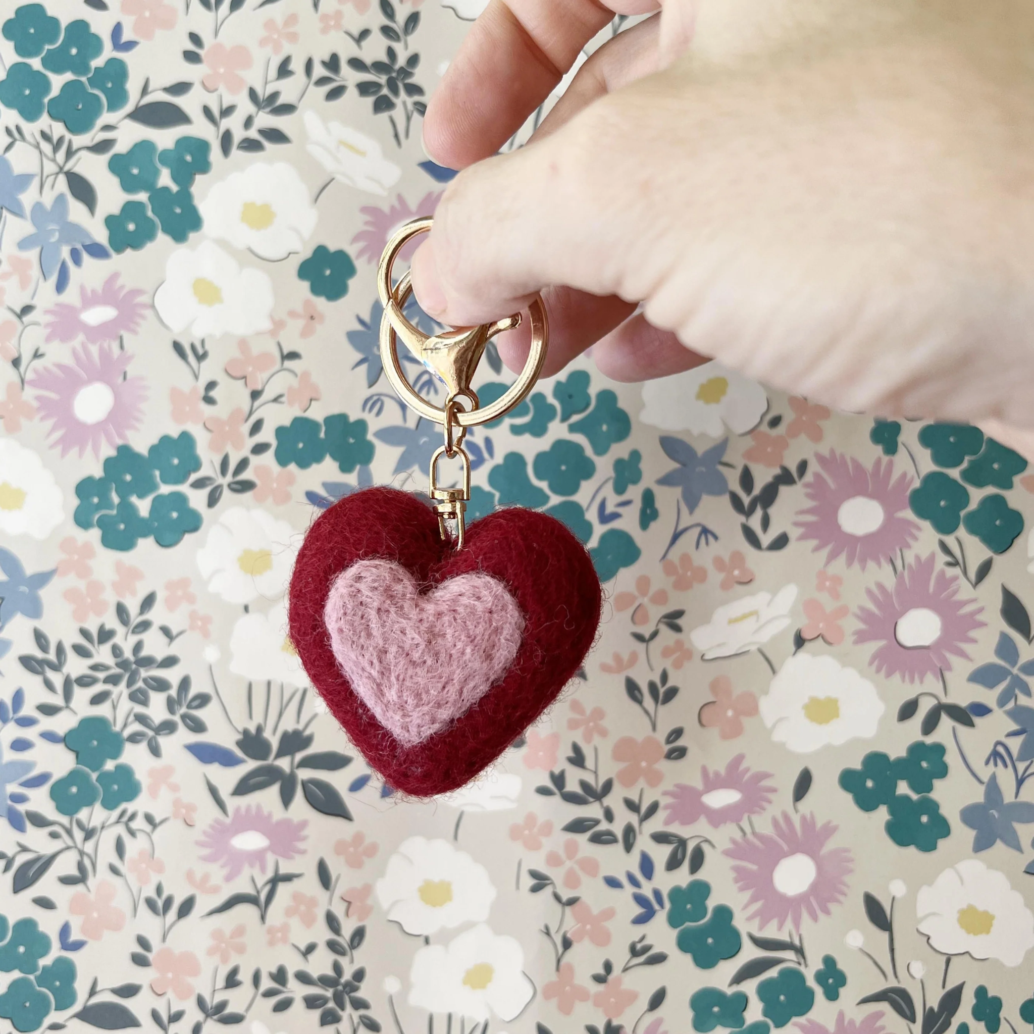 Felt Heart Keychain Charm Deep Red