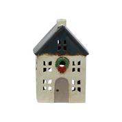 Christmas Tea Light House Blue with Wreath Small