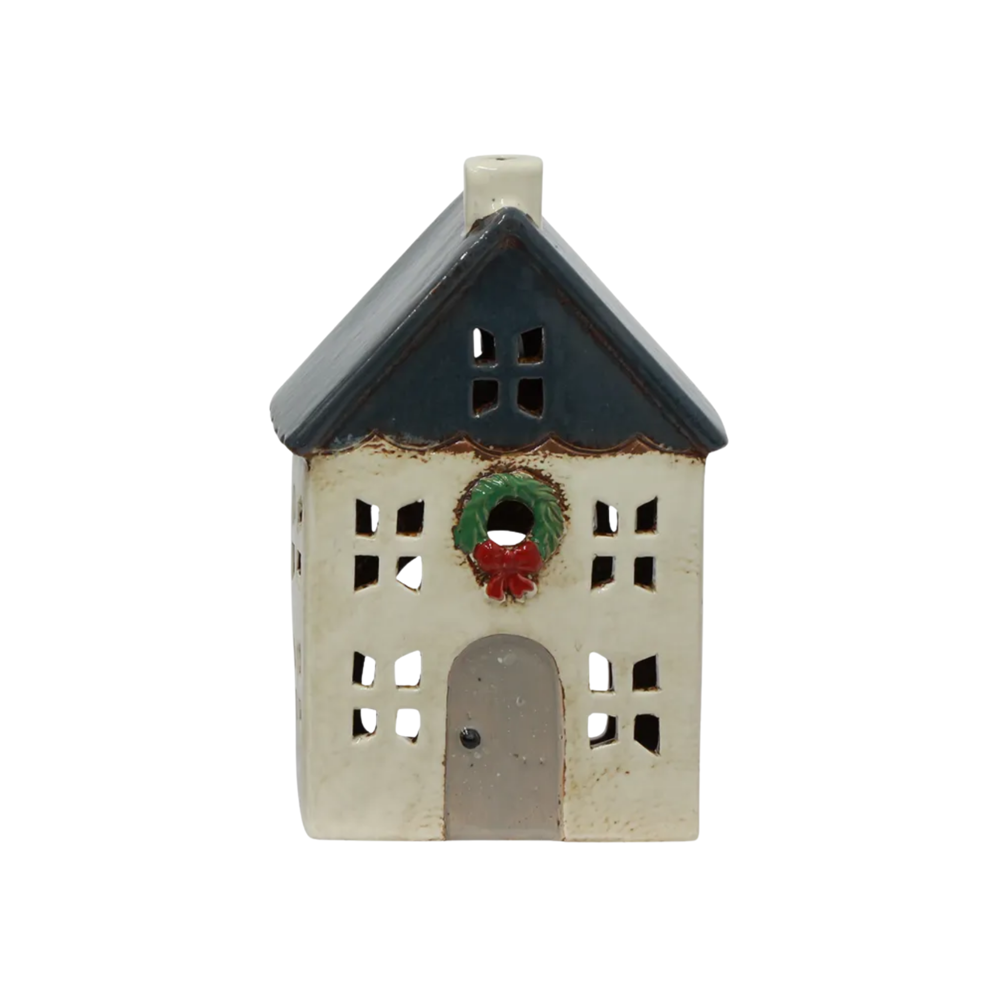 Christmas Tea Light House Blue with Wreath Small
