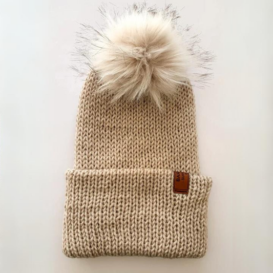 Wool Blend Double Knit Beanie Beige with Ivory Pom Pom