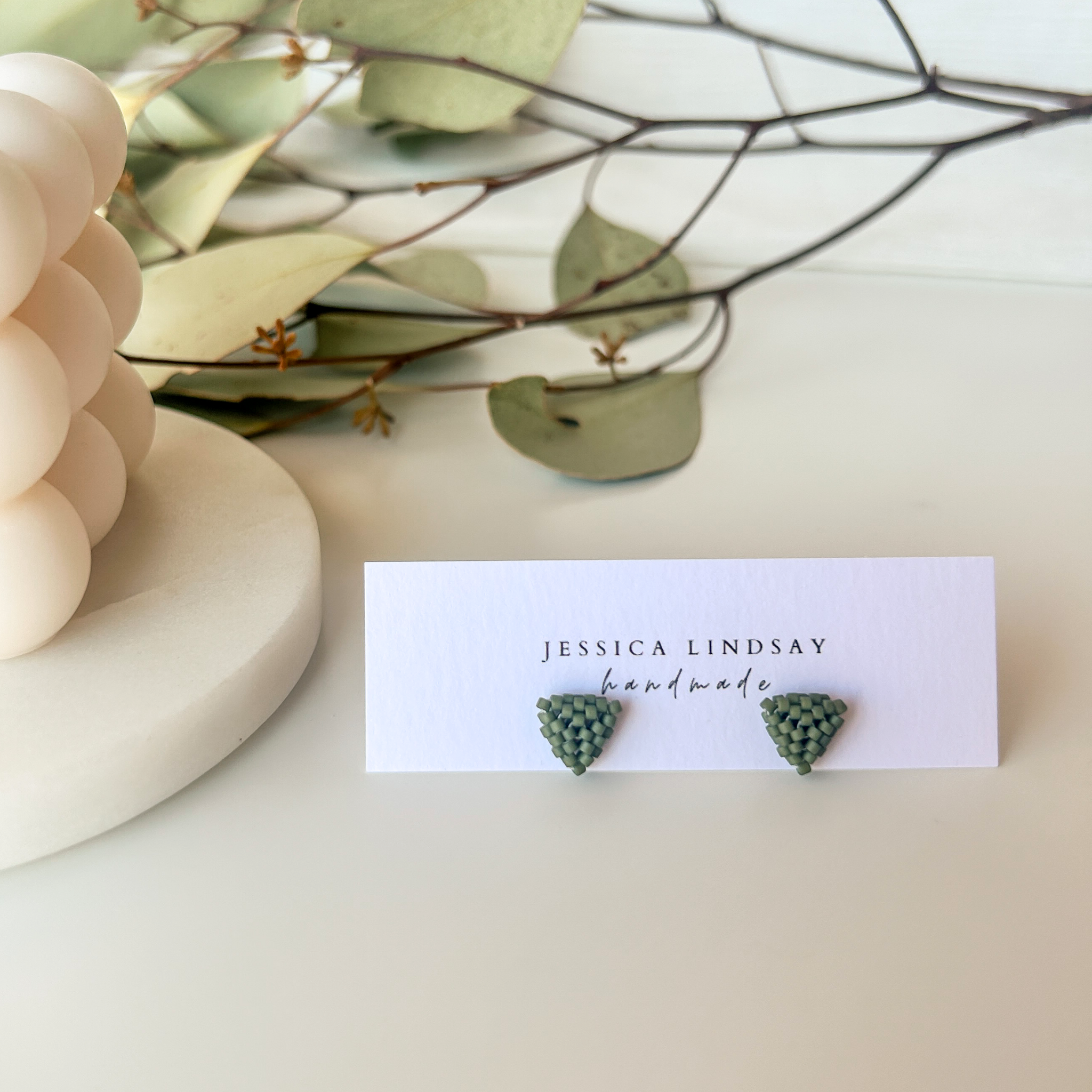 Beaded Triangle Stud Earrings Small Olive