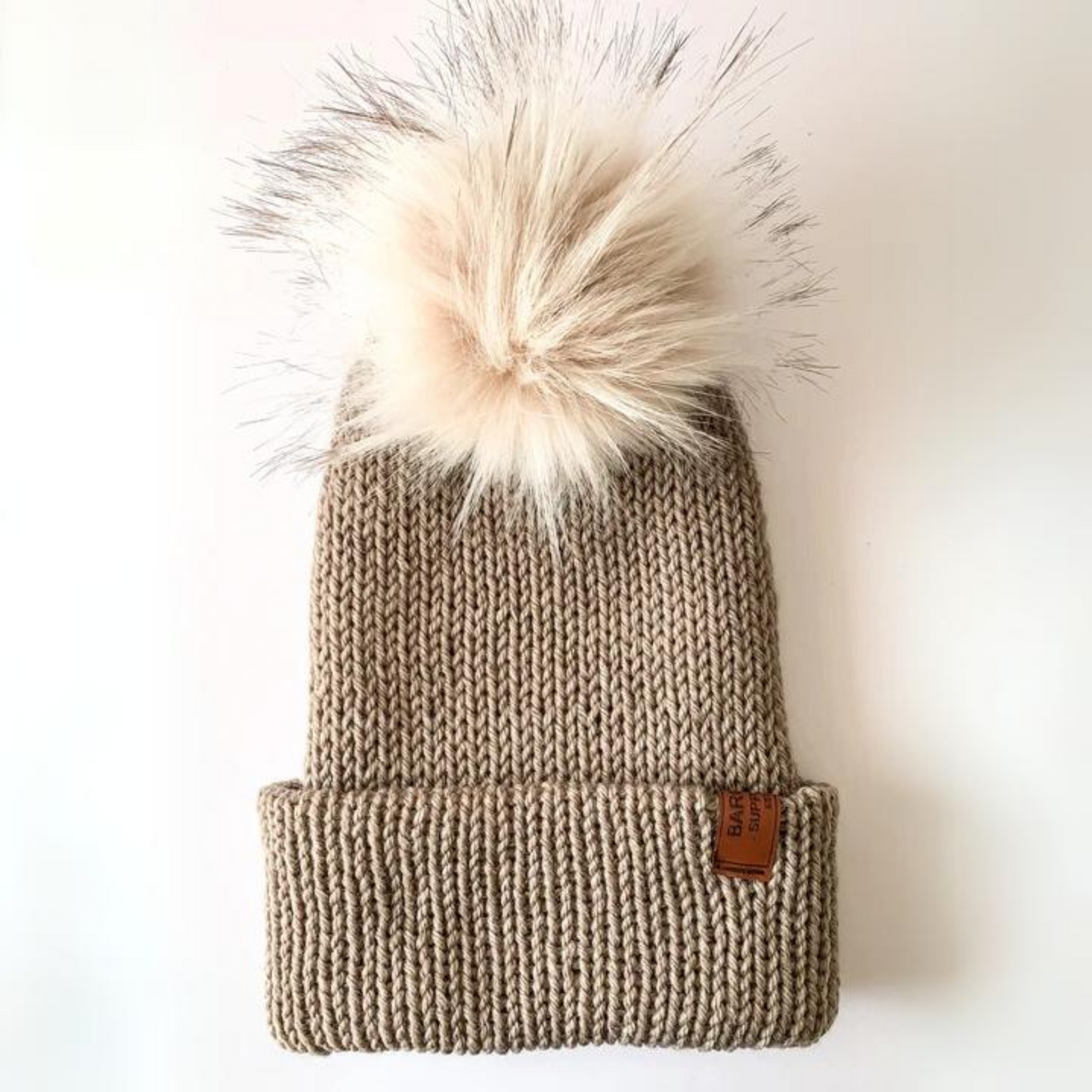 Wool Blend Double Knit Beanie Mocha with Ivory Pom Pom