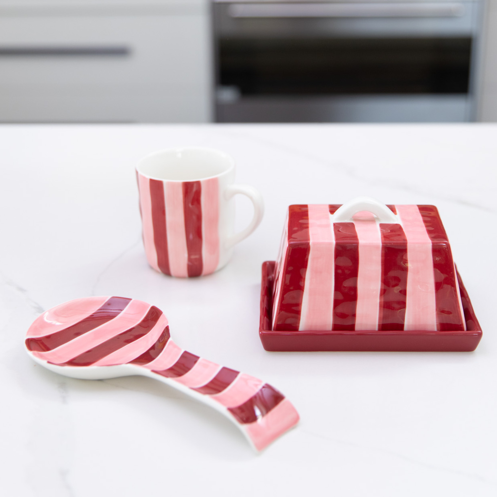 Burgundy & Pink Stripe Butter Dish