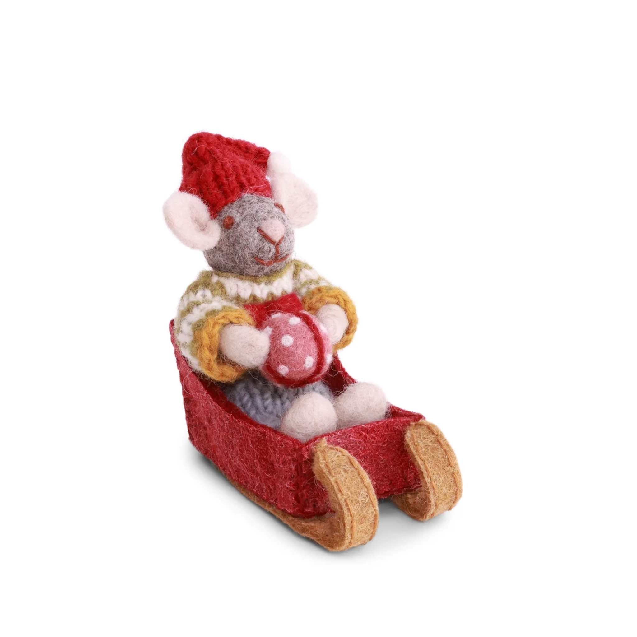 Felt Christmas Boy Mouse in Sled Decoration Small