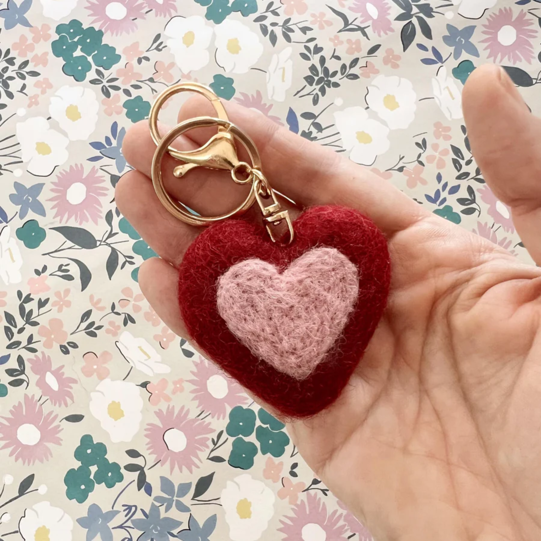 Felt Heart Keychain Charm Deep Red