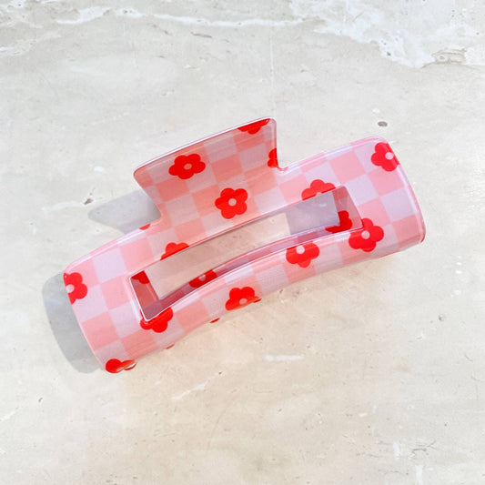 Checkered Flower Claw Clip Pink