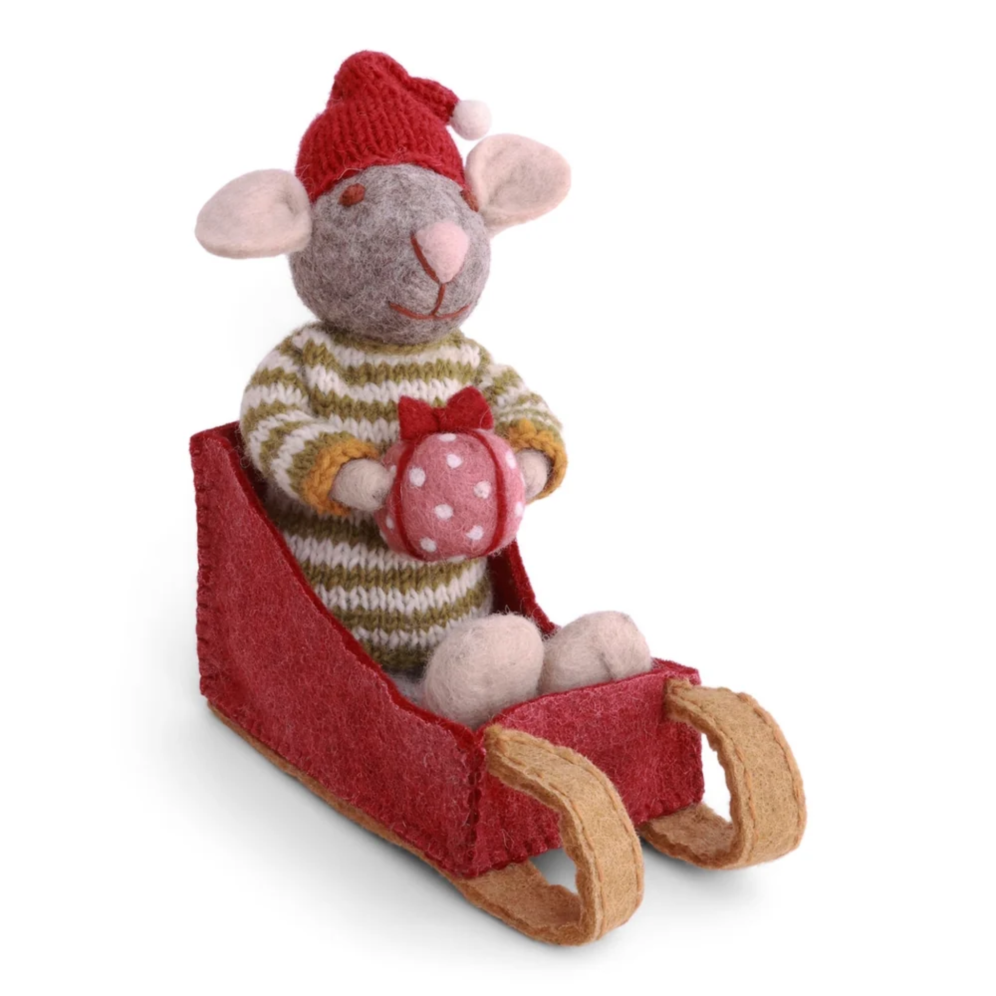 Felt Christmas Boy Mouse in Sled Decoration Medium