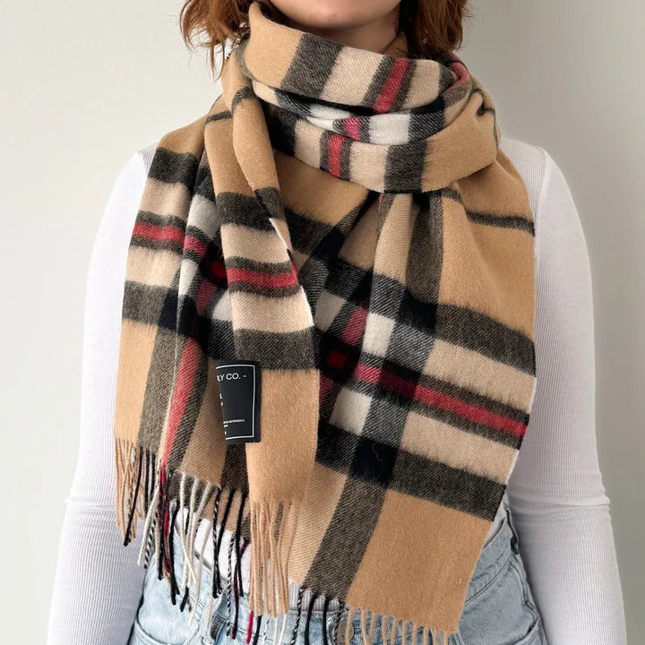 Thompson Camel Scottish Tartan Lambswool Wide Scarf