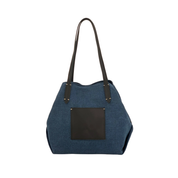 Leather-Trimmed Natural Tote Bag Navy