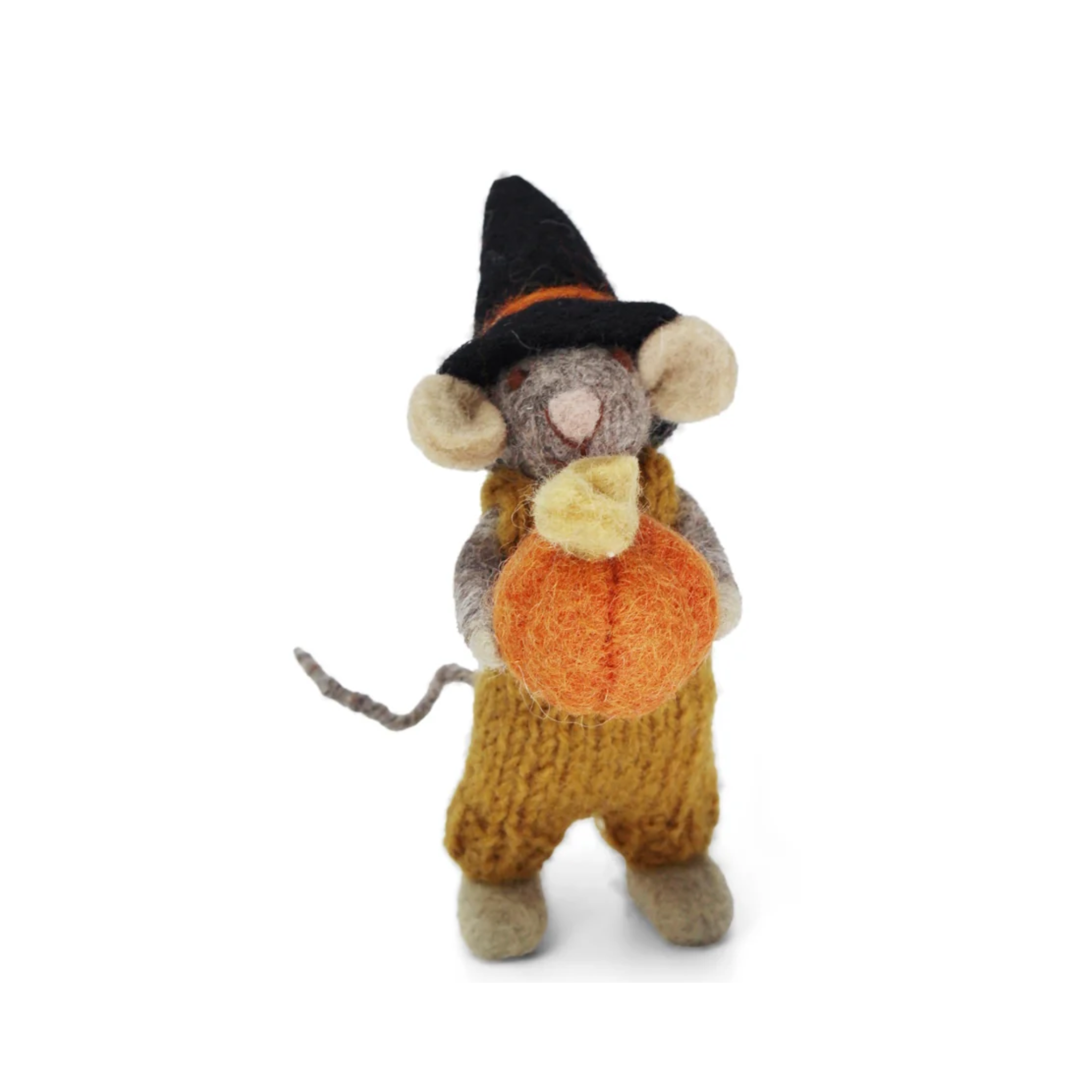 Felt Mouse Boy Grey with Pumpkin Figurine Small