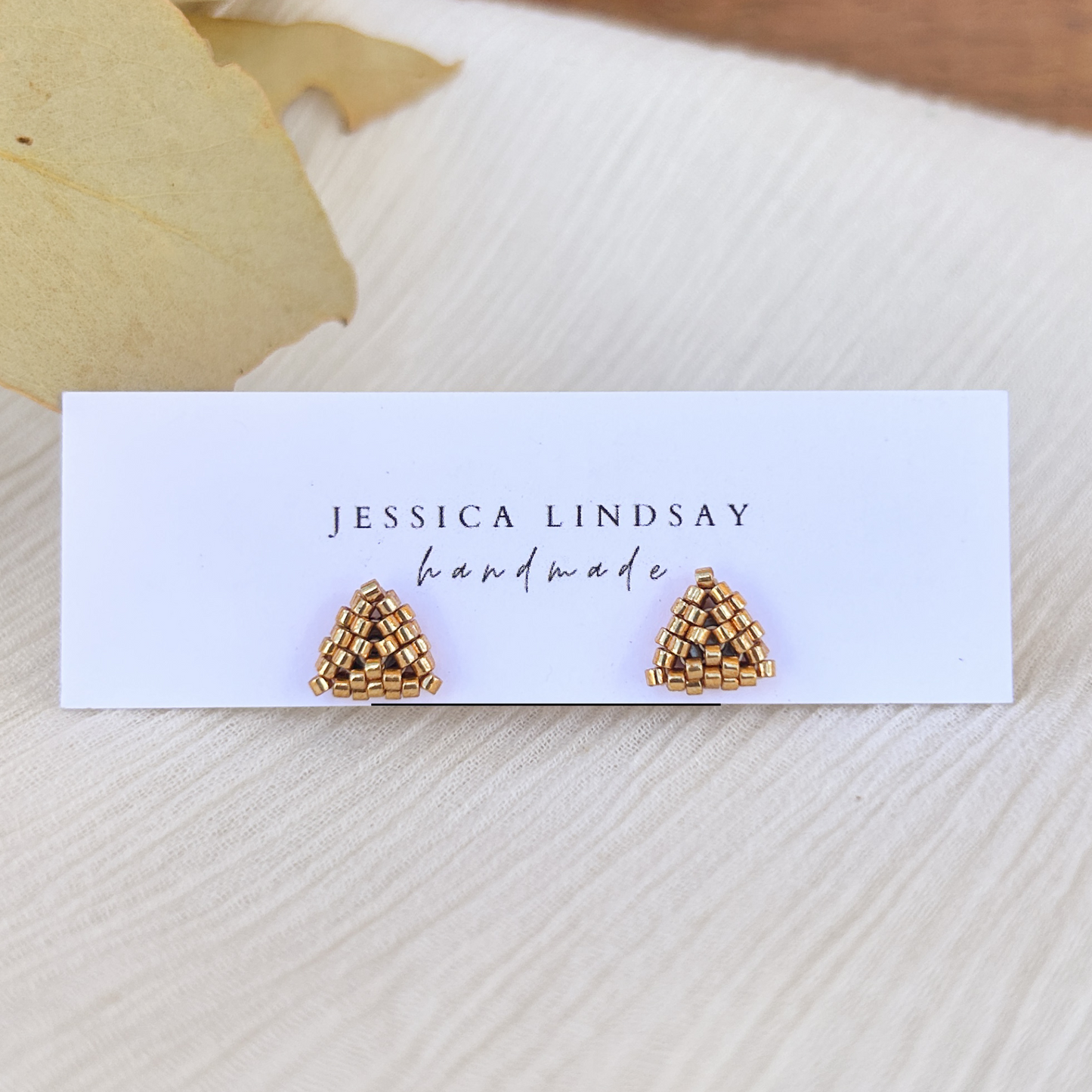 Beaded Triangle Stud Earrings Small Gold