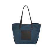 Leather-Trimmed Natural Tote Bag Navy