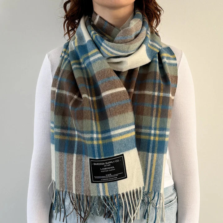 Stewart Muted Blue Scottish Tartan Lambswool Wide Scarf