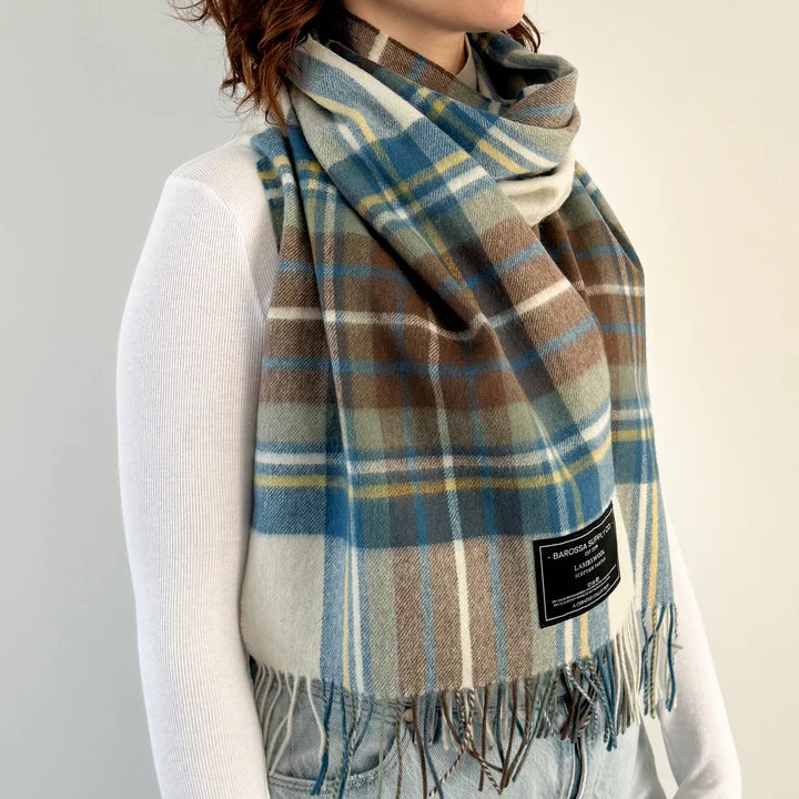 Stewart Muted Blue Scottish Tartan Lambswool Wide Scarf