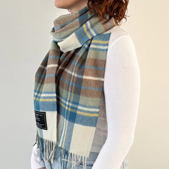 Stewart Muted Blue Scottish Tartan Lambswool Wide Scarf